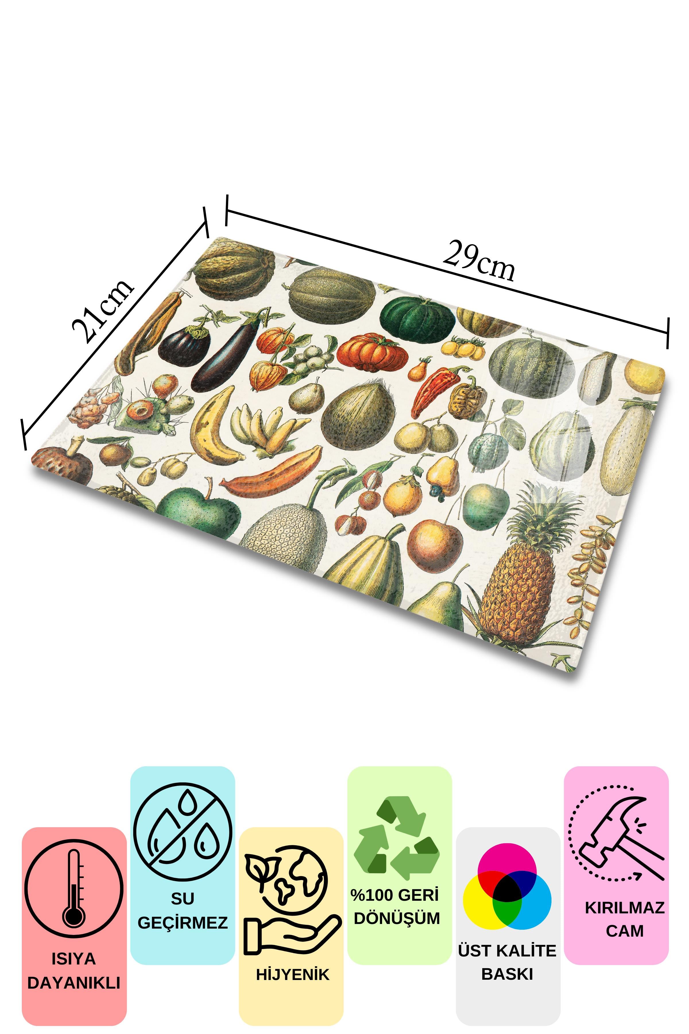 Kesme Tahtası, Kalın Ve Kırılmaz Cam Baskı - Vintage Meyveler, 21*30cm, Doğrama Tahtası