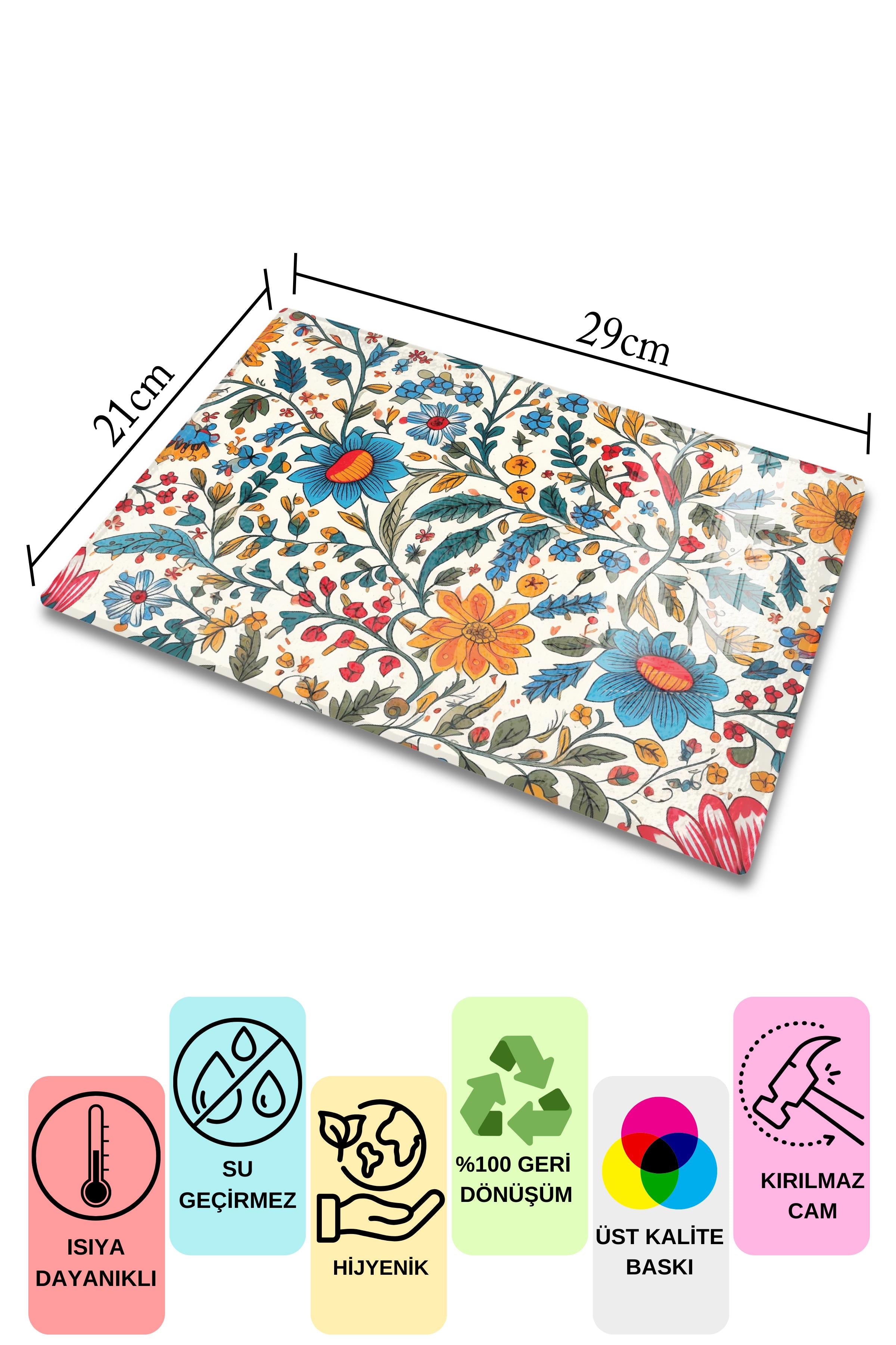 Kesme Tahtası, Kalın Ve Kırılmaz Cam, Rengarenk Botanik Çiçek Baskılı - 21*30cm, Doğrama Tahtası