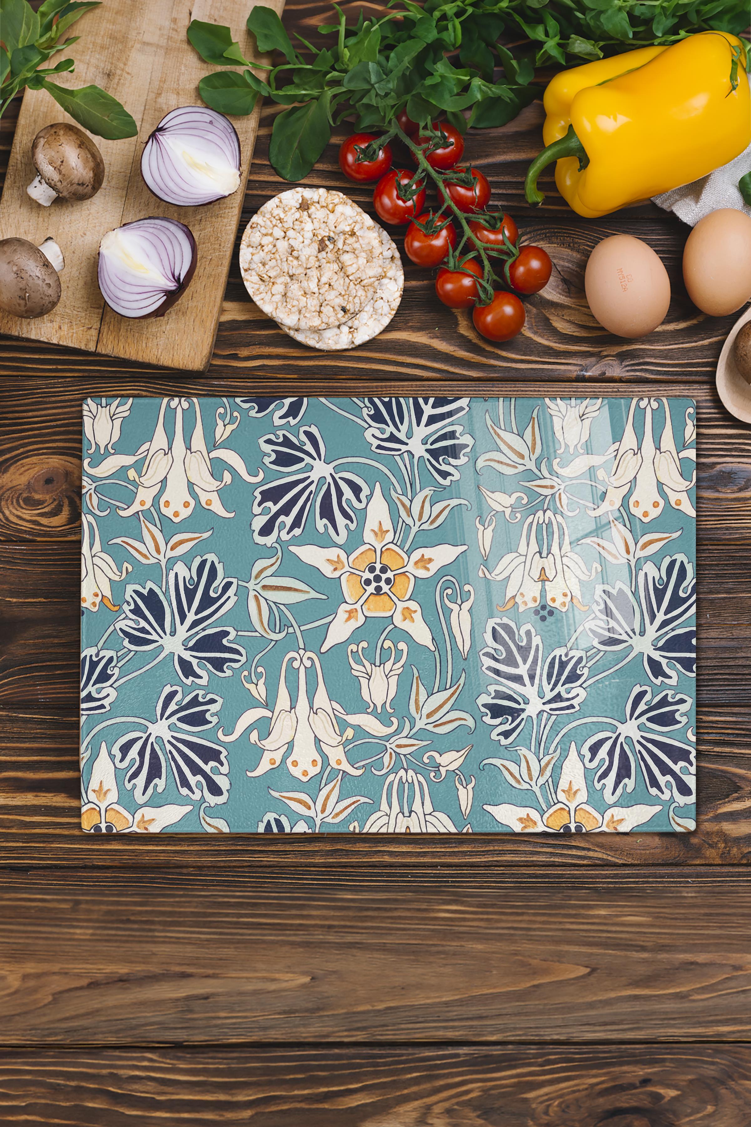 Kesme Tahtası, Kalın Ve Kırılmaz Cam, Rengarenk Botanik Çiçek Baskılı - 21*30cm, Doğrama Tahtası