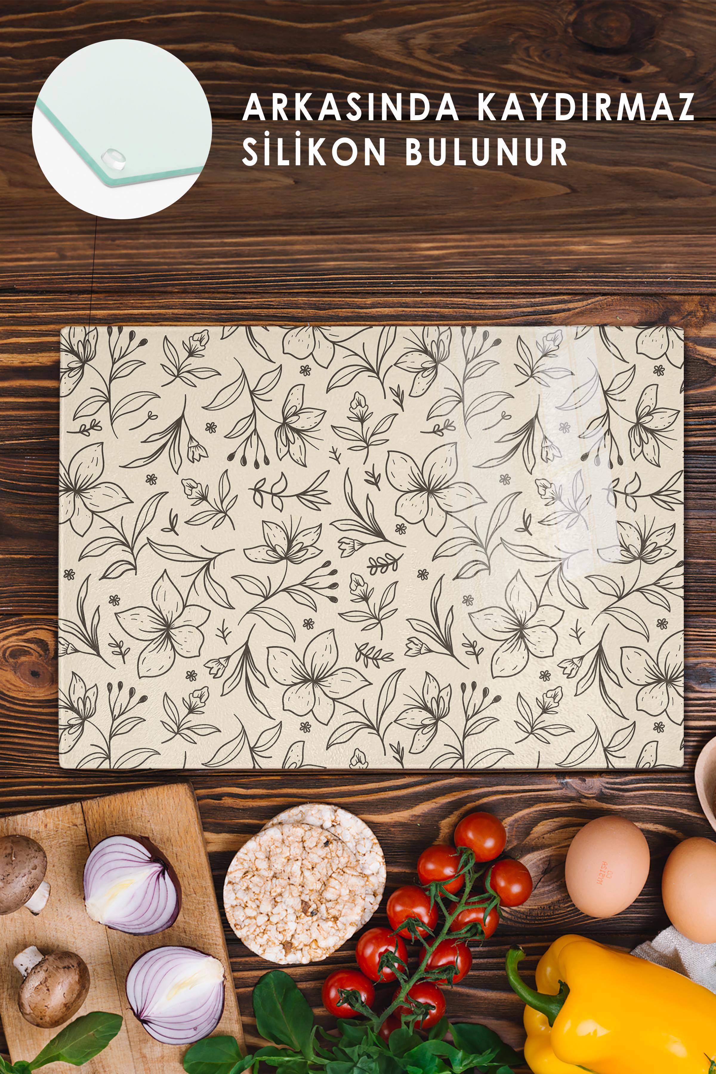 Kesme Tahtası, Kalın Ve Kırılmaz Cam, Rengarenk Botanik Çiçek Baskılı - 21*30cm, Doğrama Tahtası