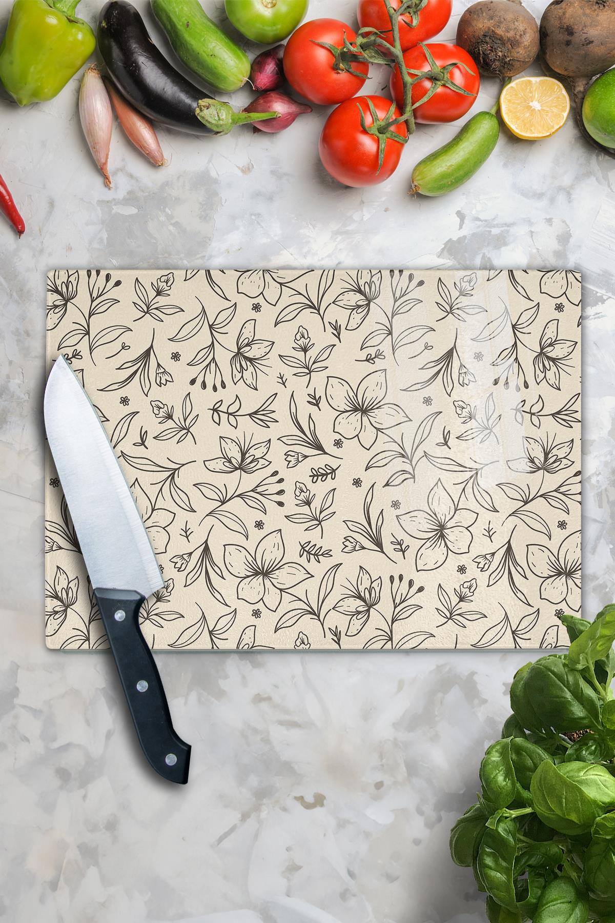Kesme Tahtası, Kalın Ve Kırılmaz Cam, Rengarenk Botanik Çiçek Baskılı - 21*30cm, Doğrama Tahtası