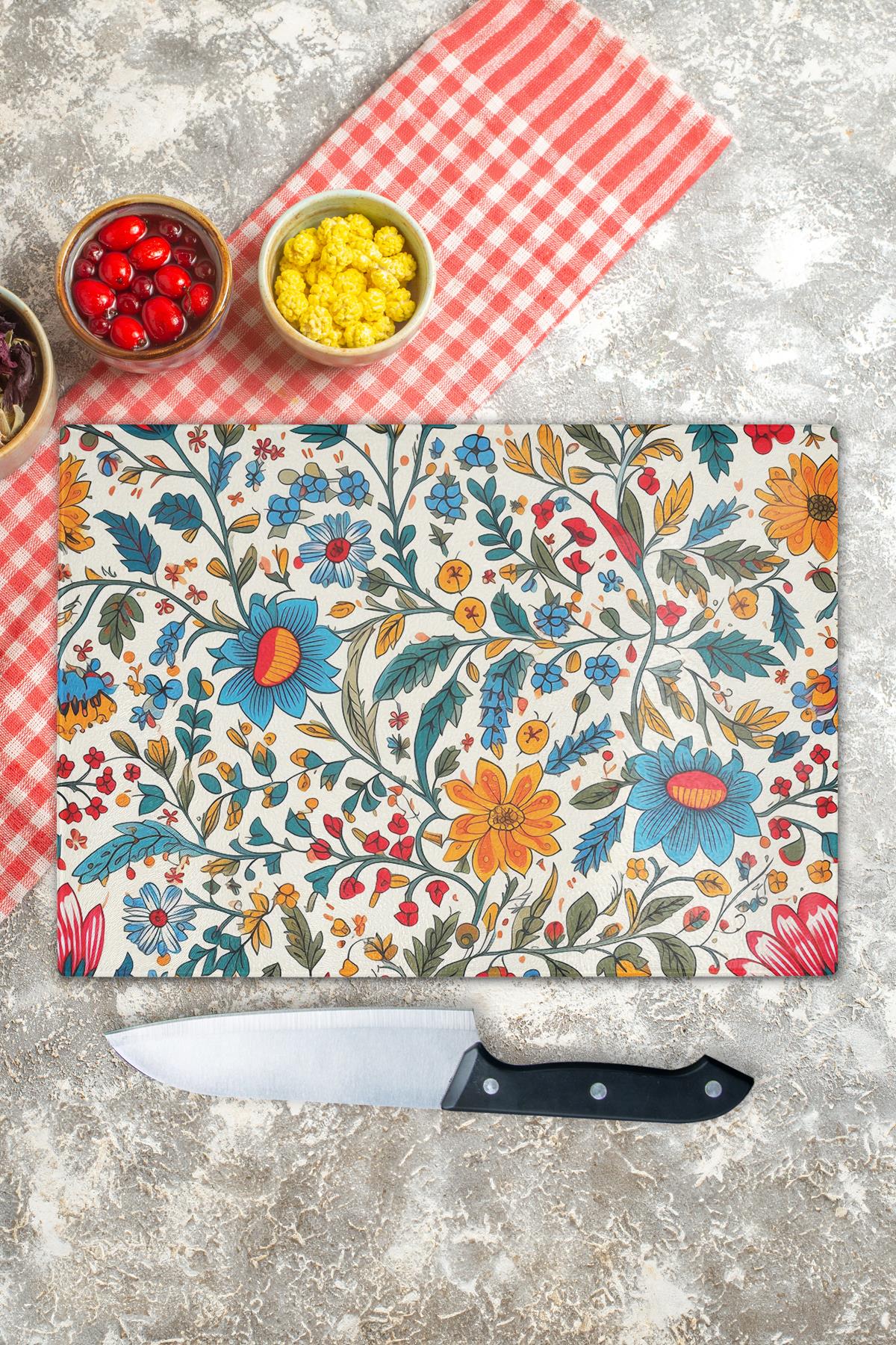 Kesme Tahtası, Kalın Ve Kırılmaz Cam, Rengarenk Botanik Çiçek Baskılı - 21*30cm, Doğrama Tahtası