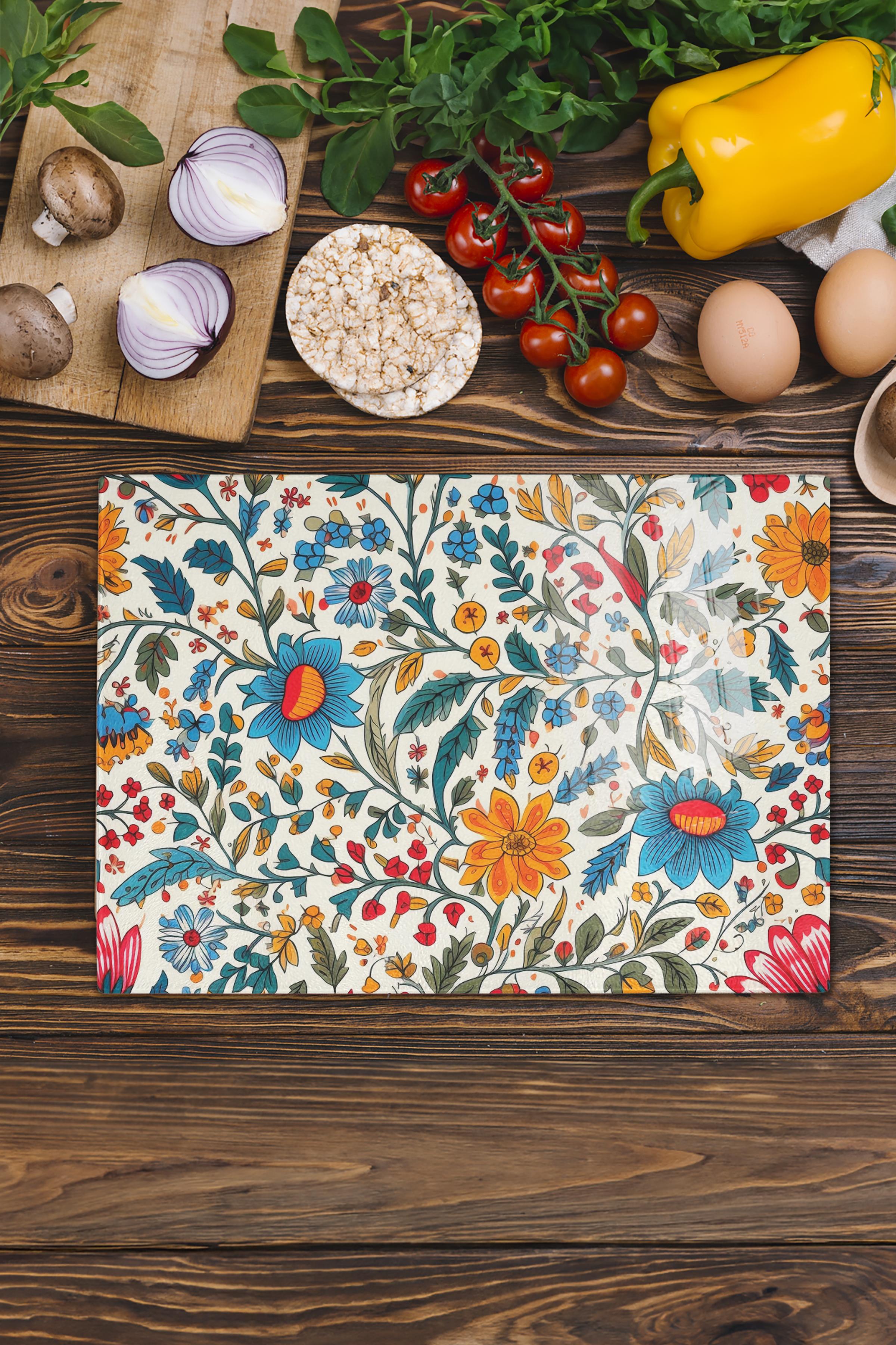 Kesme Tahtası, Kalın Ve Kırılmaz Cam, Rengarenk Botanik Çiçek Baskılı - 21*30cm, Doğrama Tahtası