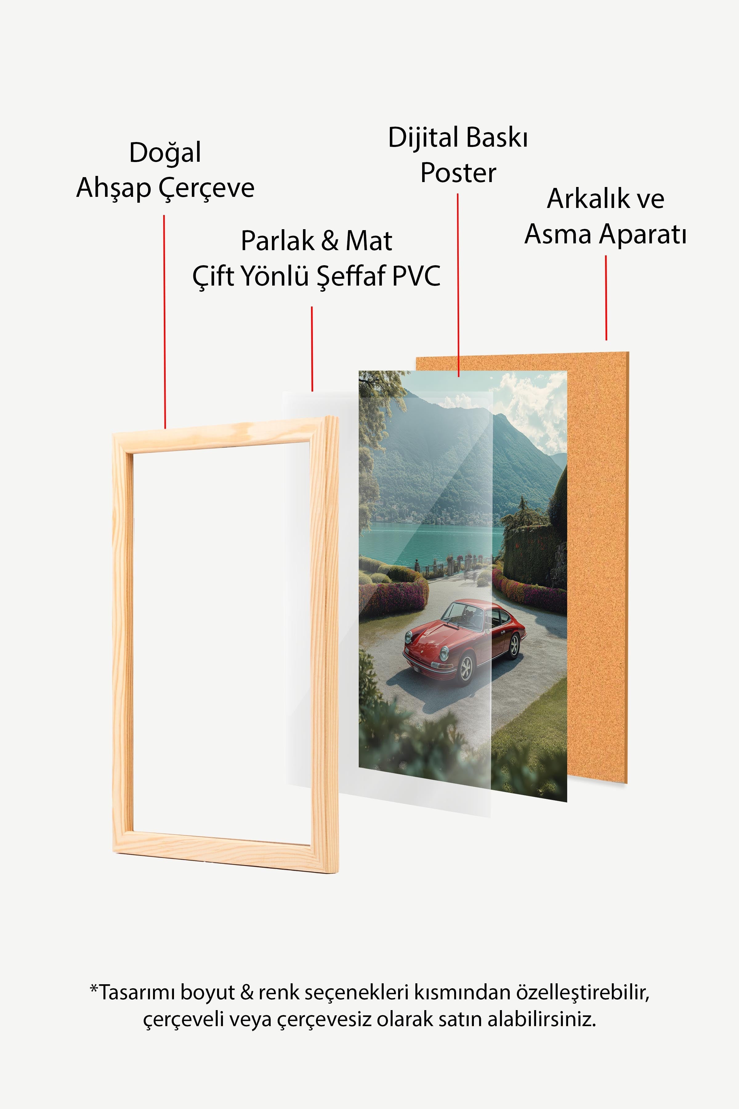 Kırmızı Araba ve Dağ Manzarası Posteri, Ahşap Çerçeveli Poster, Old Money Serisi, NO:113217