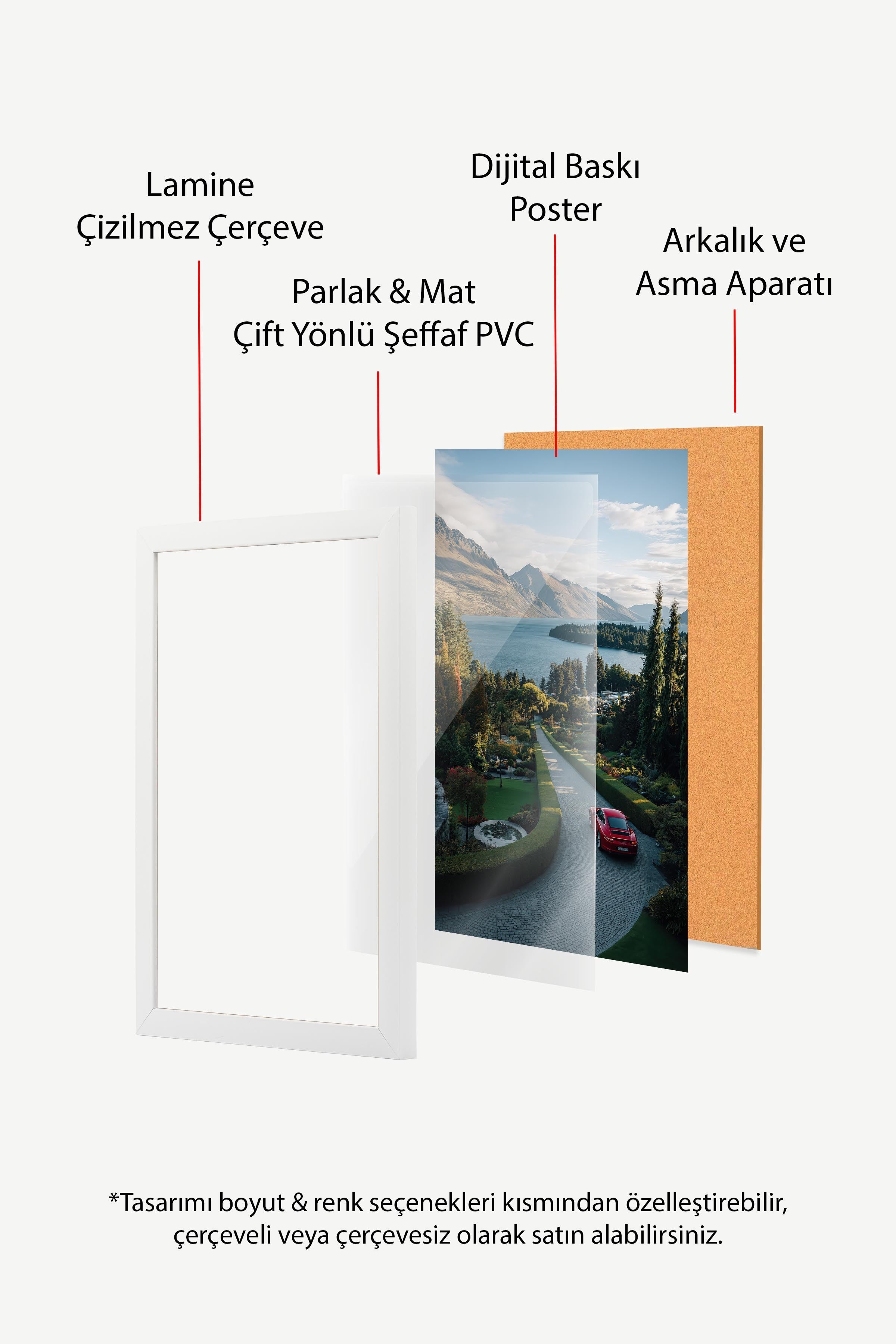 Kırmızı Araba ve Dağ Manzarası Posteri, Beyaz Çerçeveli Poster, Old Money Serisi, NO:113223