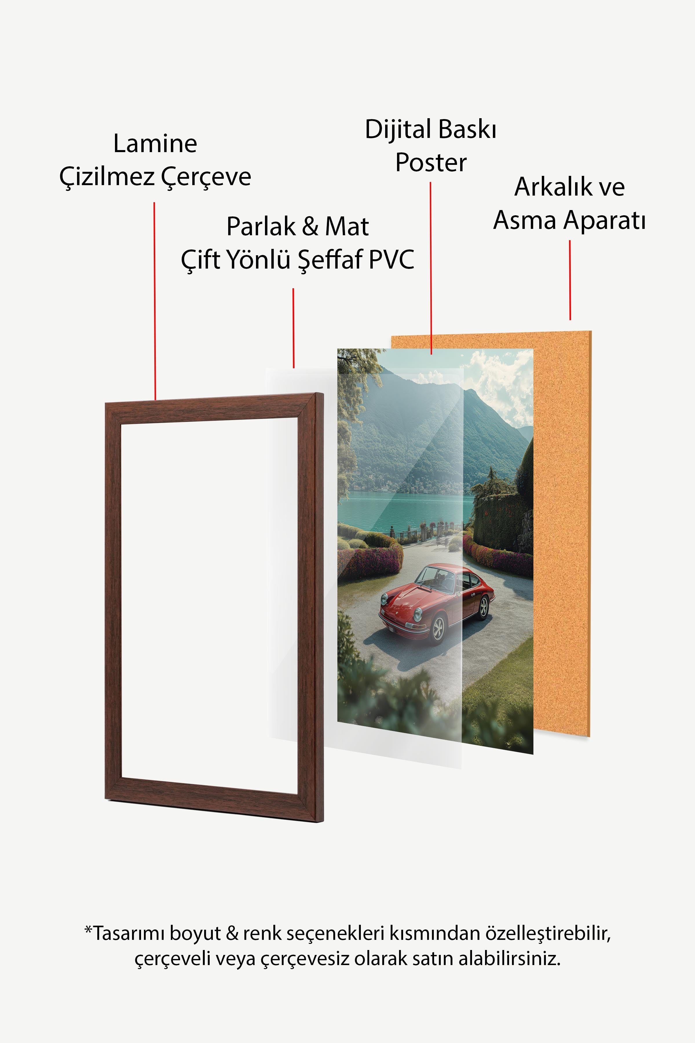 Kırmızı Araba ve Dağ Manzarası Posteri, Kahverengi Çerçeveli Poster, Old Money Serisi, NO:113217