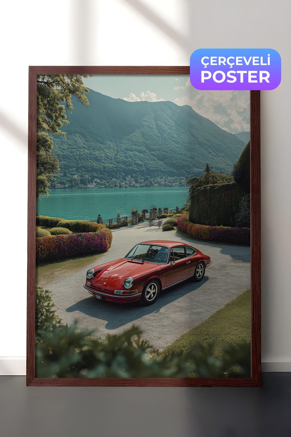 Kırmızı Araba Manzarası Old Money Tasarımlar Poster – Kahverengi Çerçeveli Tablo