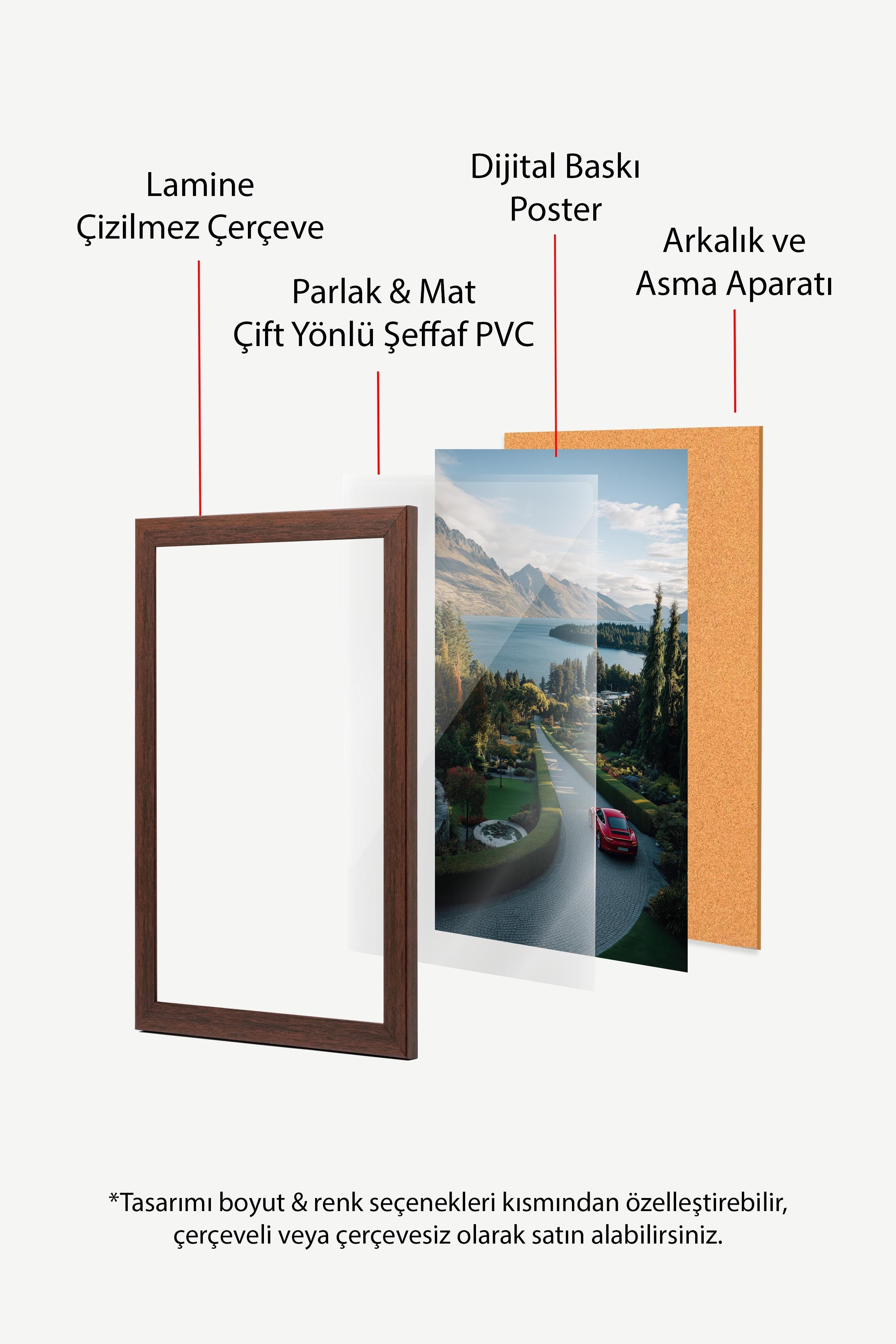 Kırmızı Araba ve Dağ Manzarası Posteri, Kahverengi Çerçeveli Poster, Old Money Serisi, NO:113223