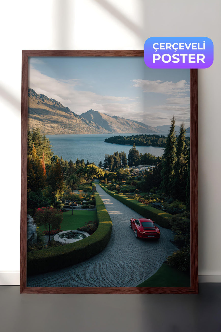 Kırmızı Araba ve Ormanlık Dağ Manzarası Old Money Poster – Kahverengi Çerçeveli Tablo