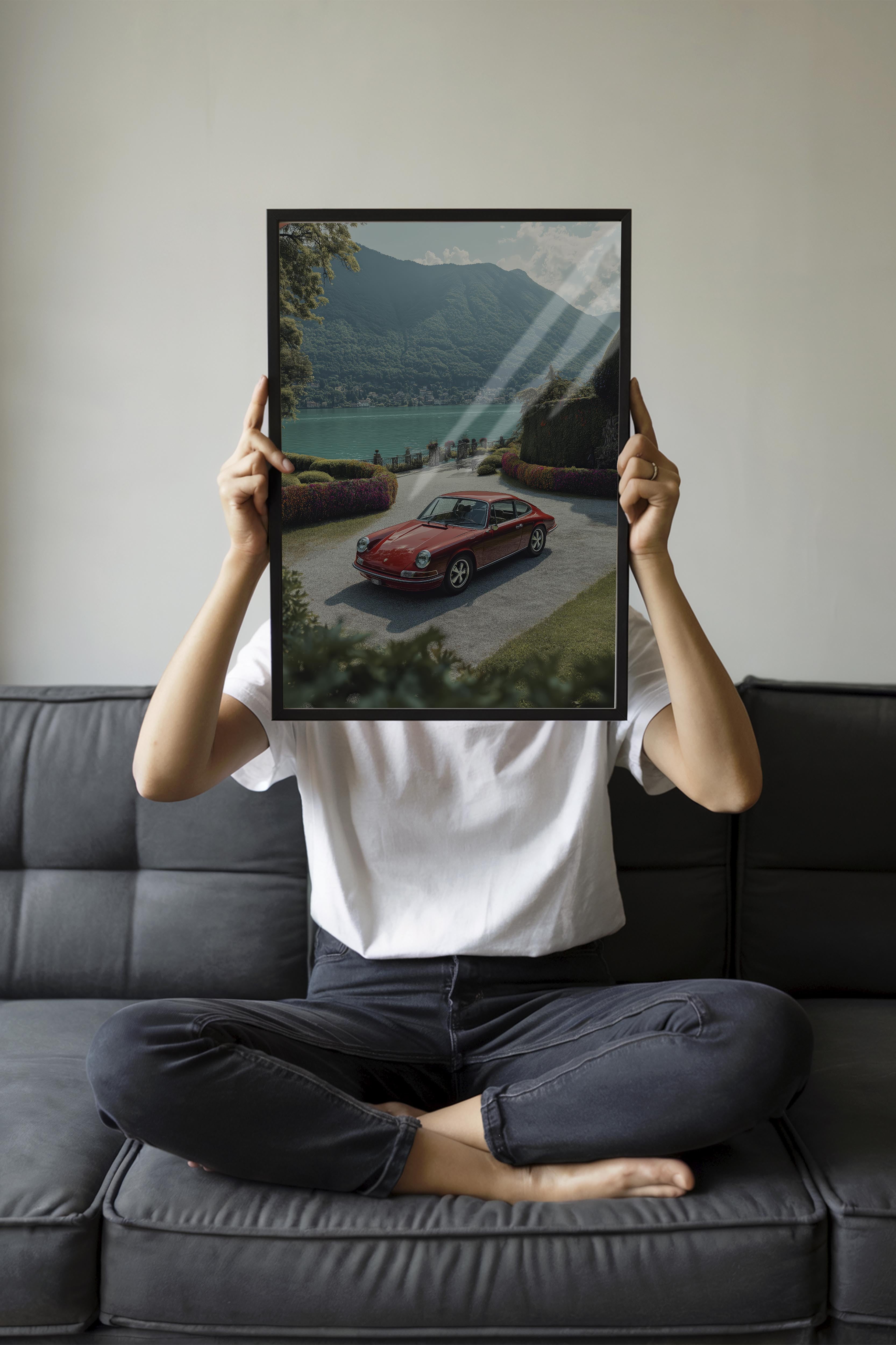 Kırmızı Araba ve Dağ Manzarası Posteri, Siyah Çerçeveli Poster, Old Money Serisi, NO:113217