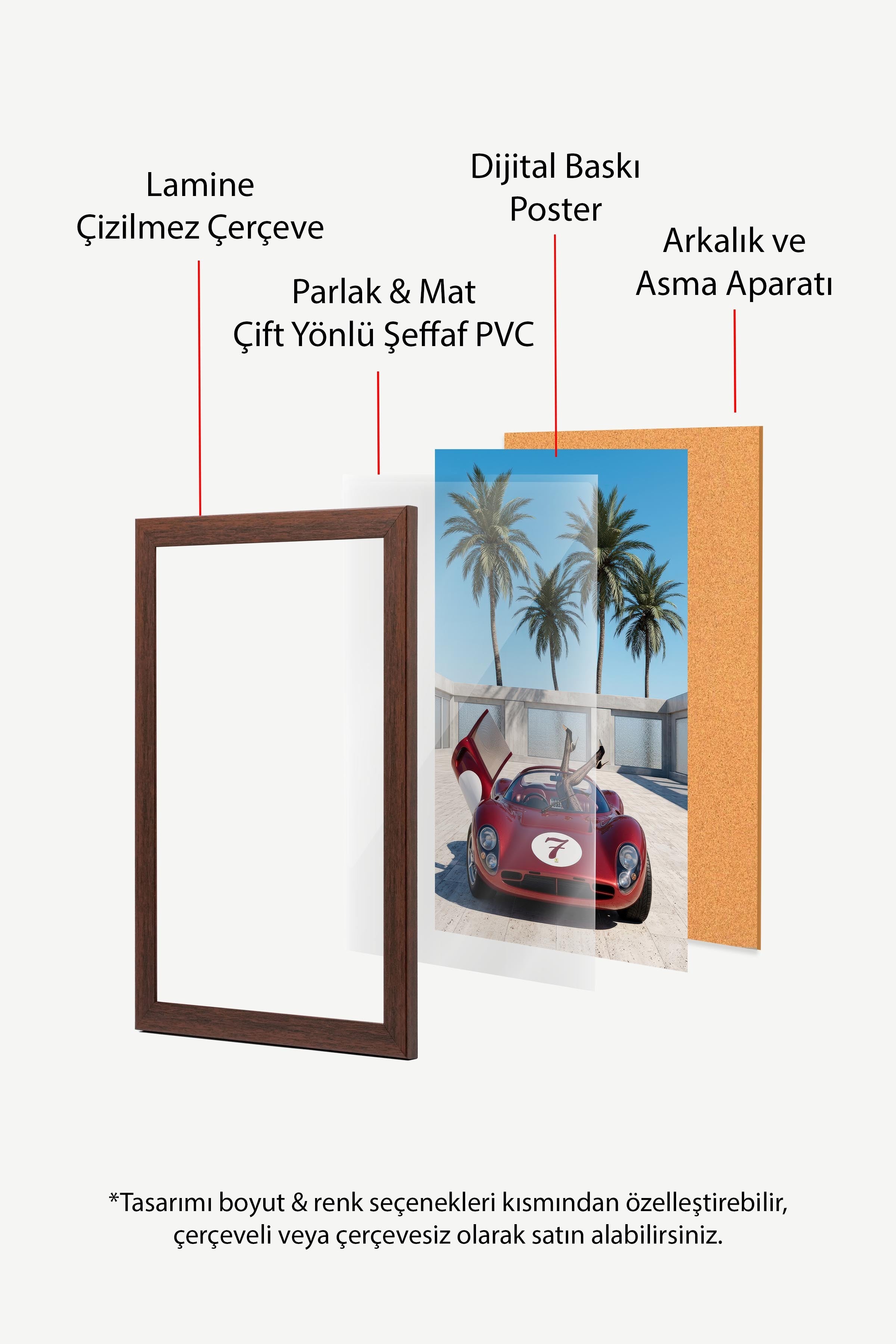Kırmızı Araba ve Palmiye Ağaçları Posteri, Kahverengi Çerçeveli Poster, Old Money Serisi, NO:113190
