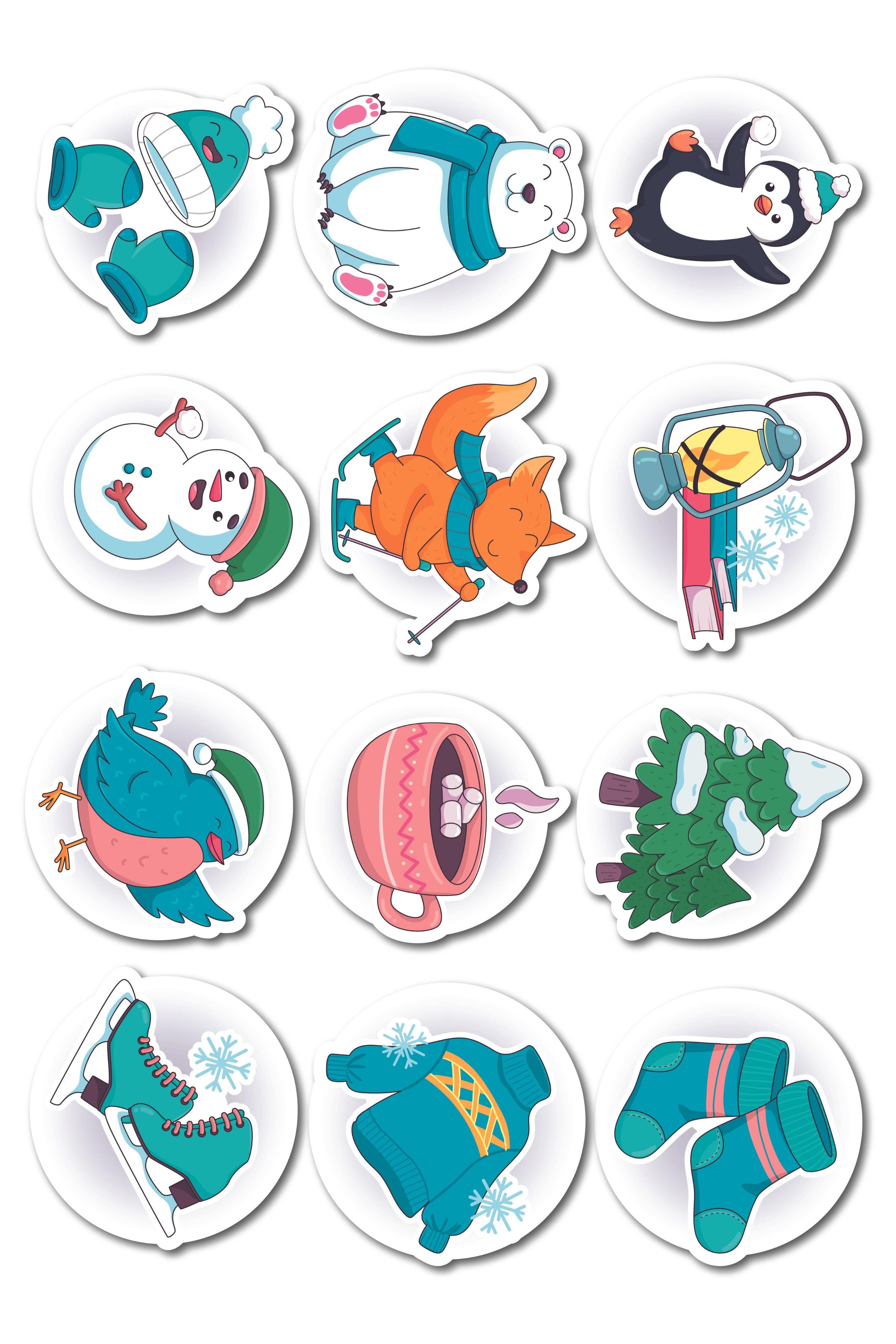 Kış Temalı Sticker ve Etiket Seti - Orta Boy - Su Geçirmez, Kalın Yapışkanlı Sticker Seti
