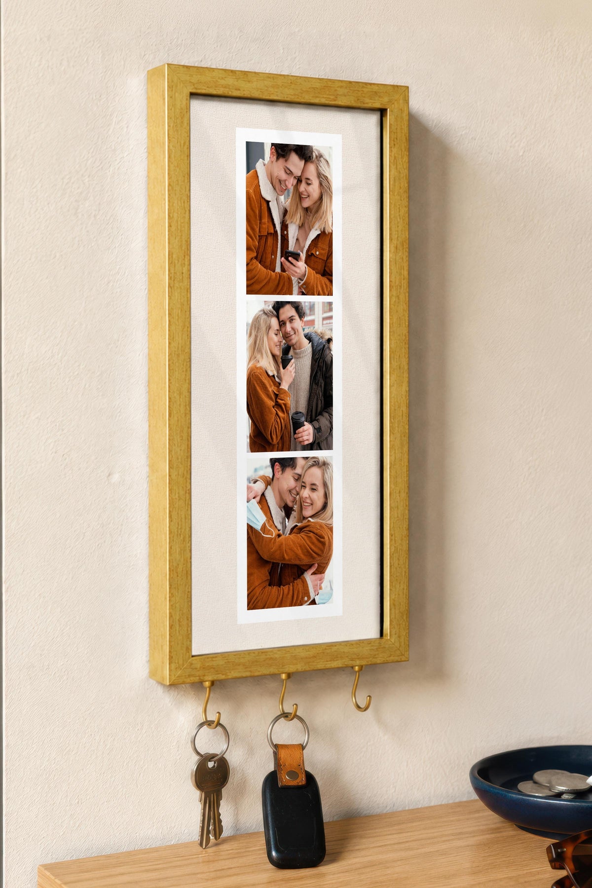Kişiye Özel Tablo Anahtarlık, Photobooth Stili Gold Fotoğraf Çerçevesi, Vintage Duvar Dekoru