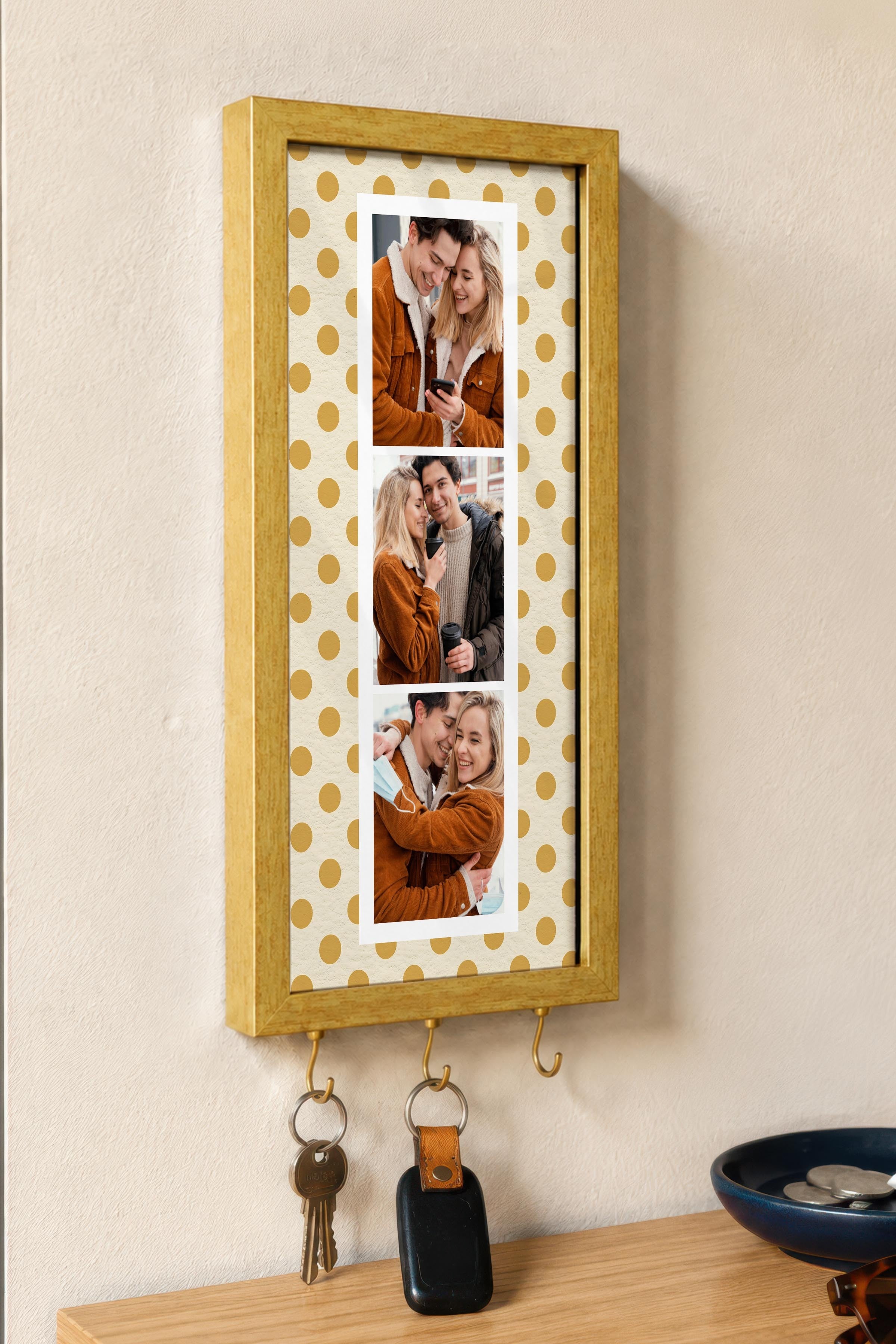Kişiye Özel Tablo Anahtarlık, Photobooth Stili Gold Fotoğraf Çerçevesi, Vintage Duvar Dekoru