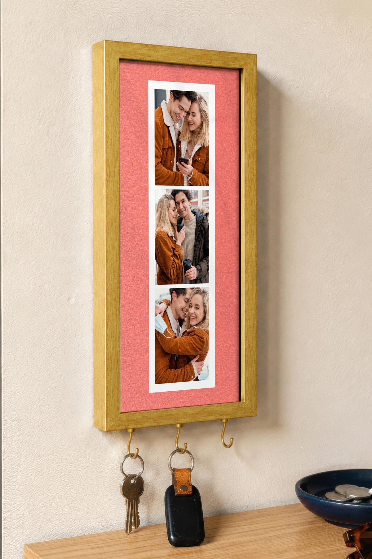 Kişiye Özel Tablo Anahtarlık, Photobooth Stili Gold Fotoğraf Çerçevesi, Vintage Duvar Dekoru