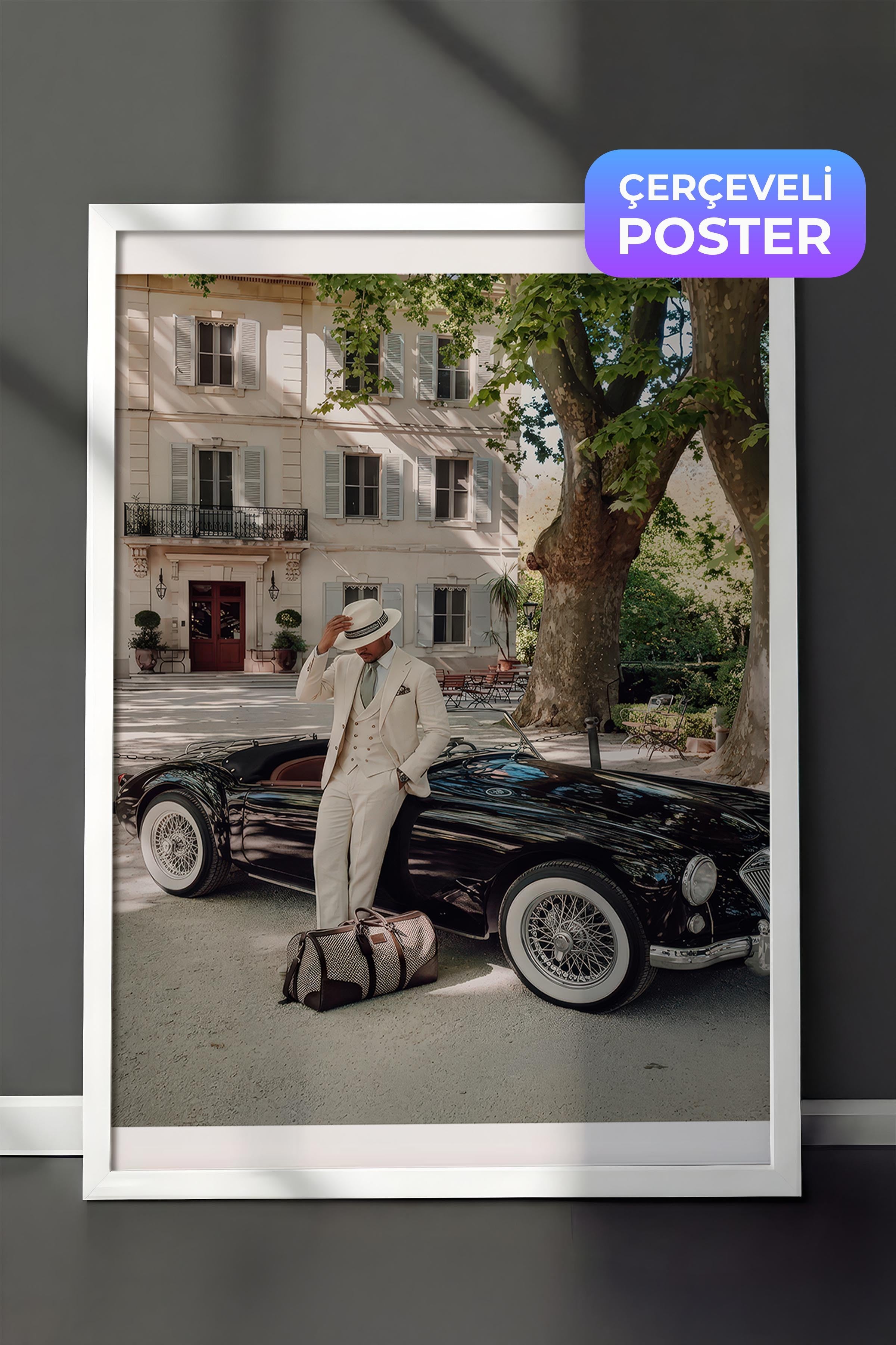 Klasik Araba ve Adam Posteri, Beyaz Çerçeveli Poster, Old Money Serisi, NO:113194