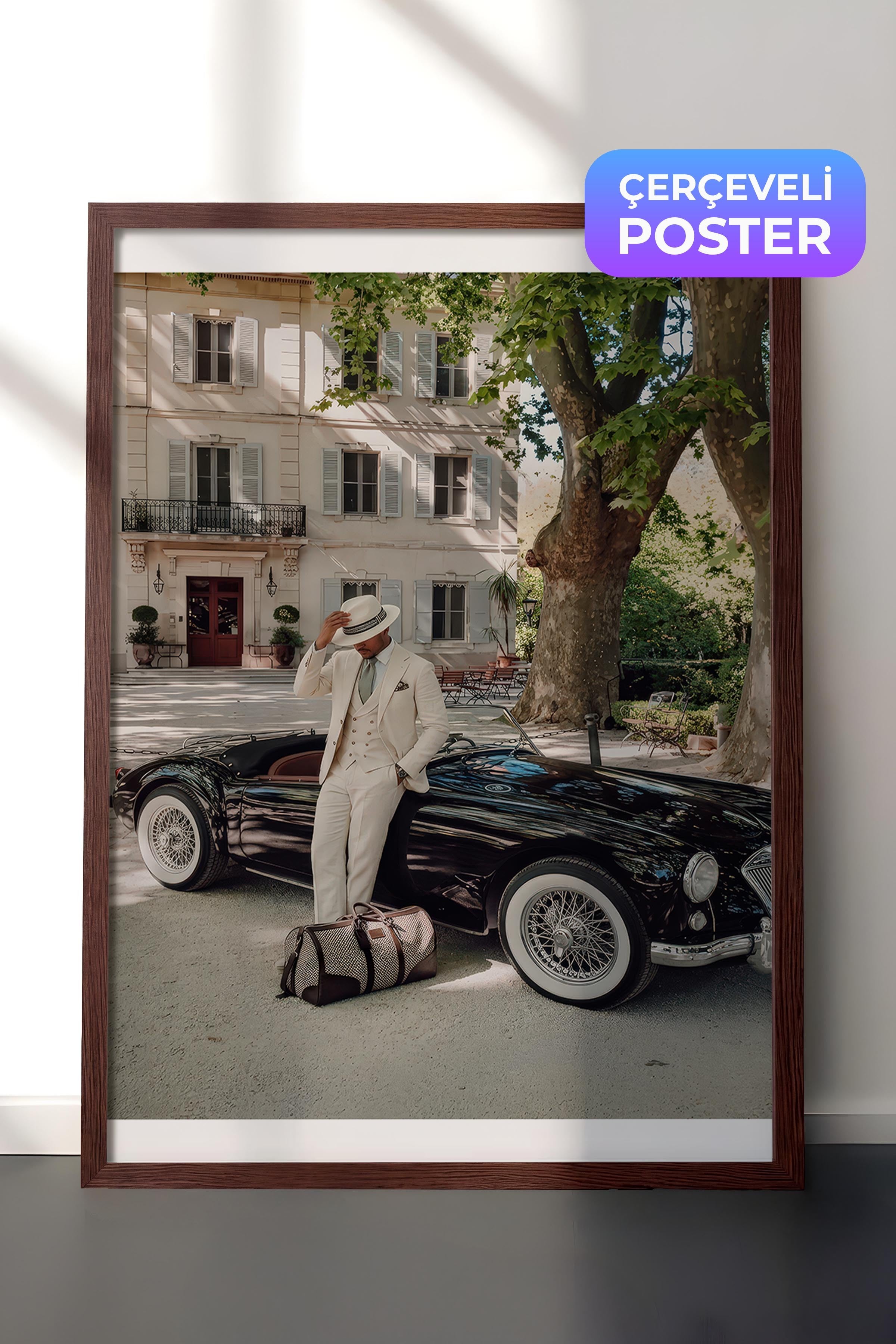 Klasik Araba ve Adam Posteri, Kahverengi Çerçeveli Poster, Old Money Serisi, NO:113194