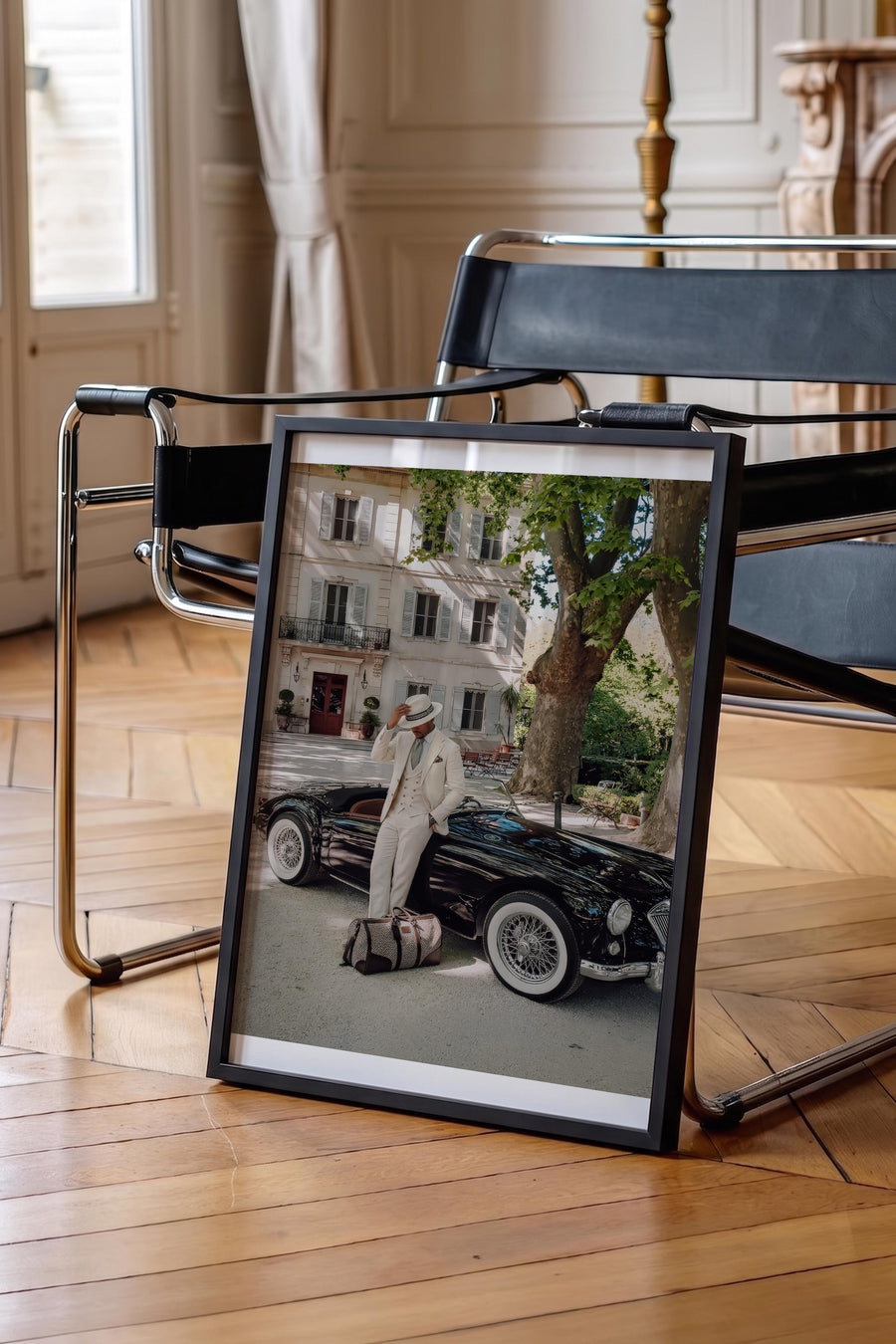 Klasik Araba ve Adam Old Money Poster – Siyah Çerçeveli Tablo