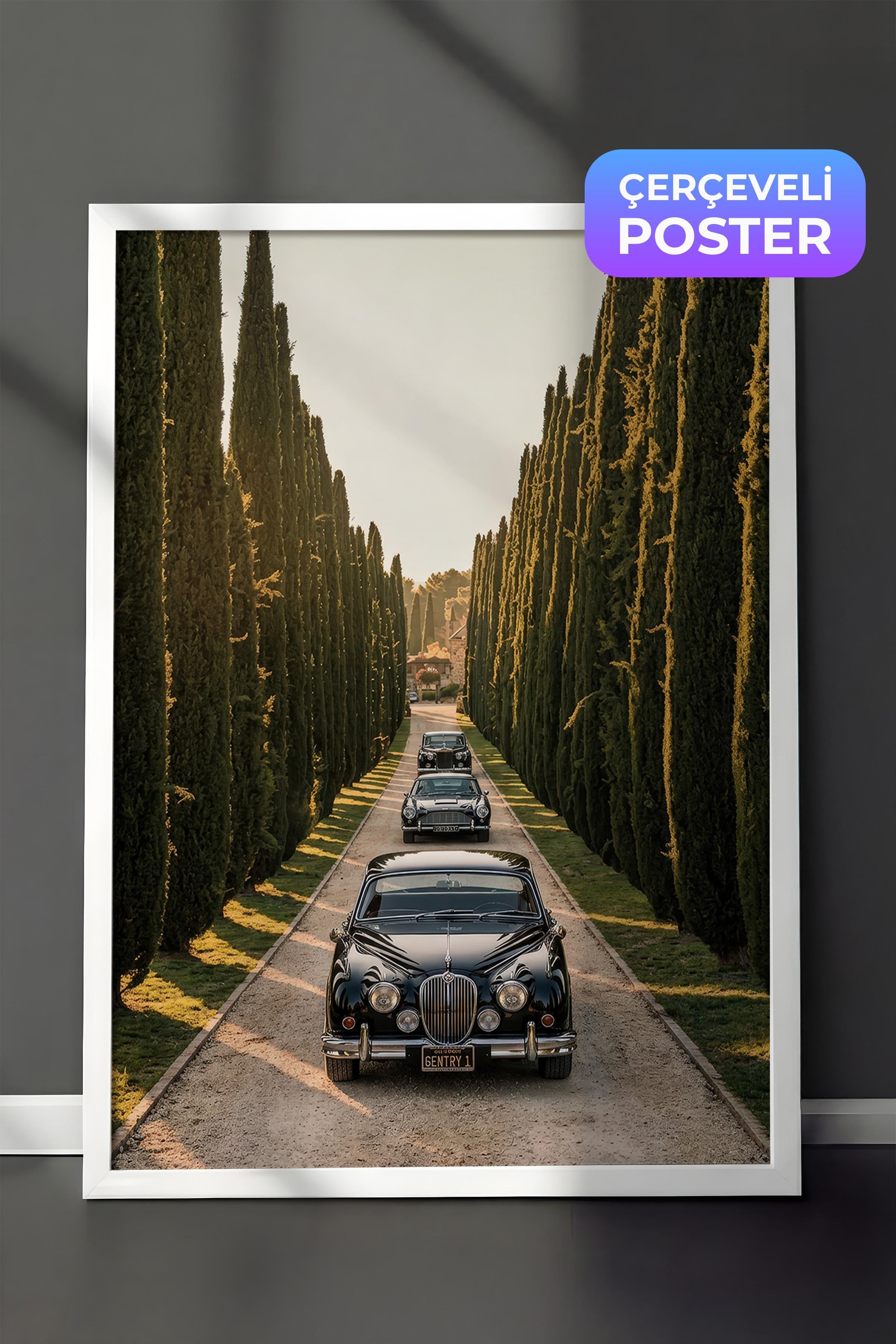 Klasik Araba ve Ağaçlar Posteri, Beyaz Çerçeveli Poster, Old Money Serisi, NO:113143