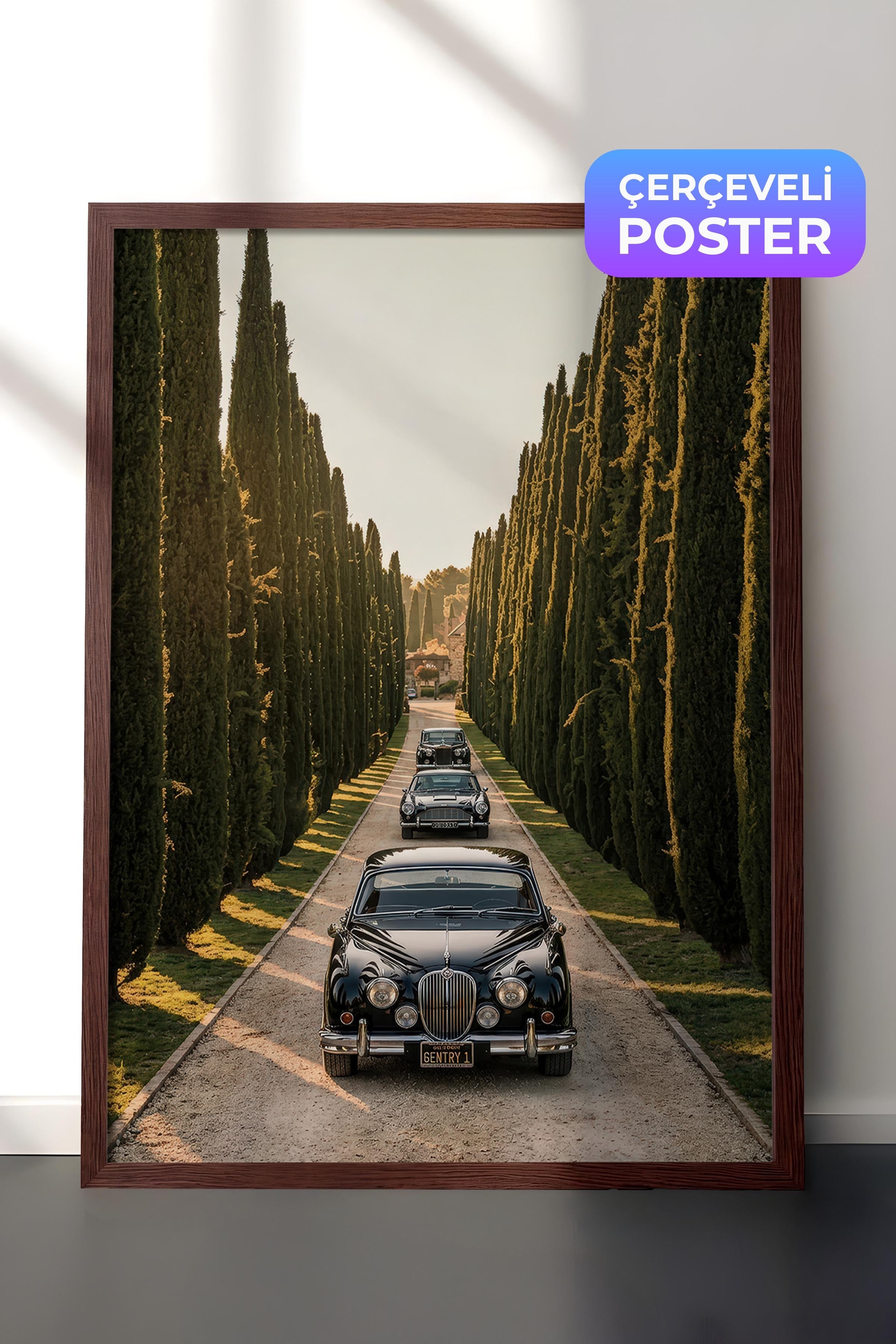 Klasik Araba ve Ağaçlar Posteri, Kahverengi Çerçeveli Poster, Old Money Serisi, NO:113143