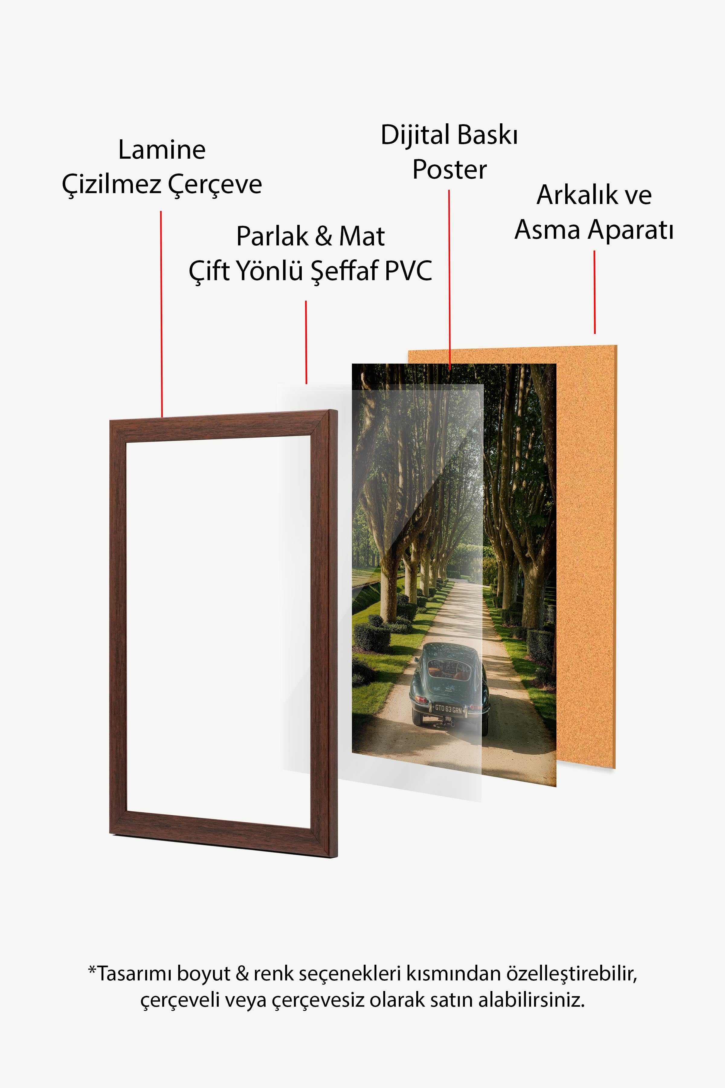 Klasik Araba ve Ağaçlı Yol Posteri, Kahverengi Çerçeveli Poster, Old Money Serisi, NO:113184