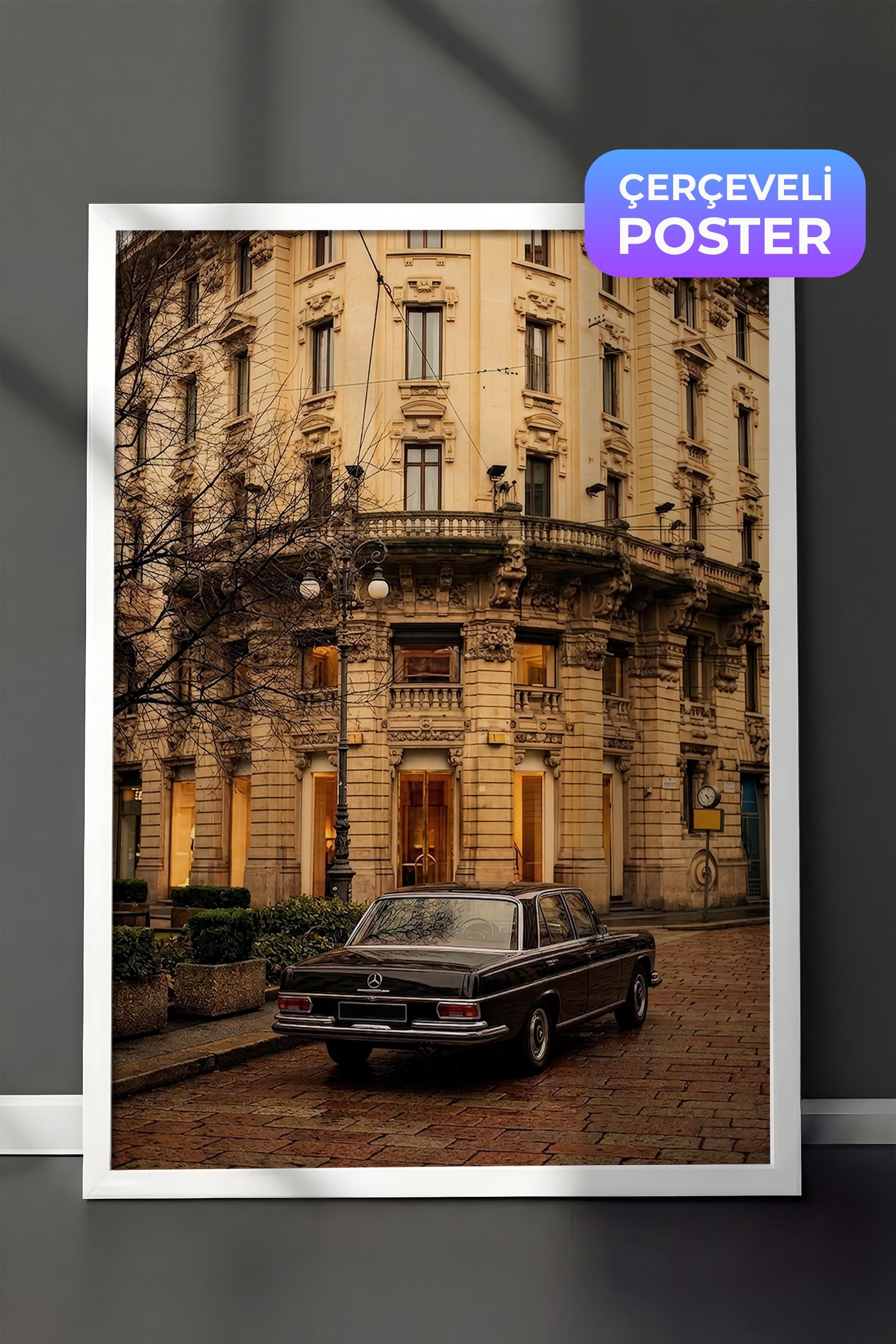 Klasik Araba ve Bina Posteri, Beyaz Çerçeveli Poster, Old Money Serisi, NO:113176