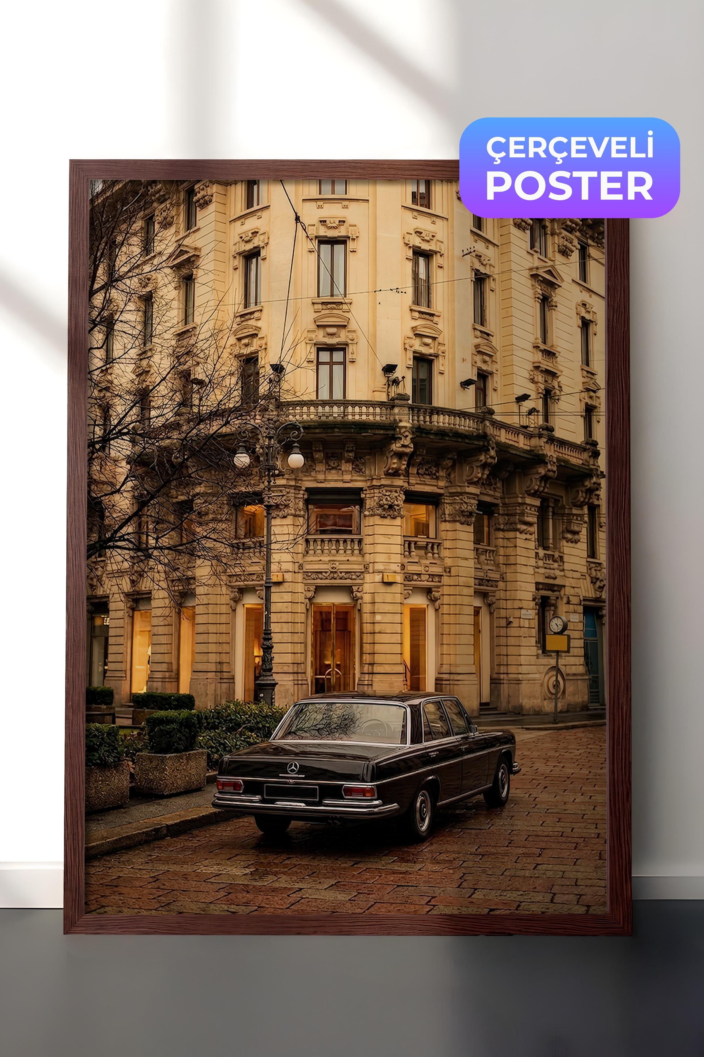Klasik Araba ve Bina Posteri, Kahverengi Çerçeveli Poster, Old Money Serisi, NO:113176
