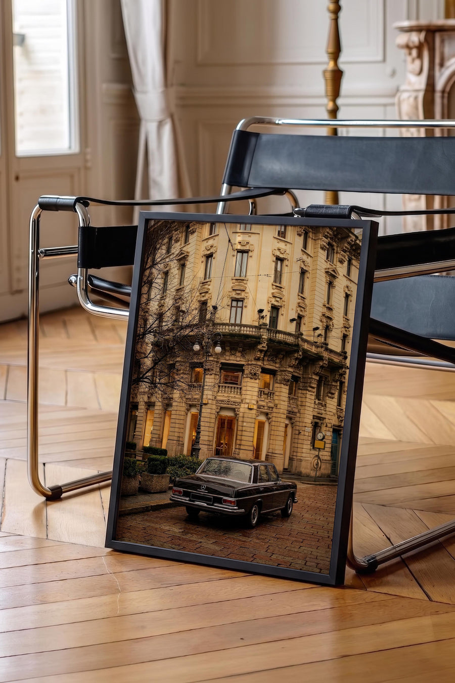 Klasik Araba ve Bina Old Money Poster – Siyah Çerçeveli Tablo