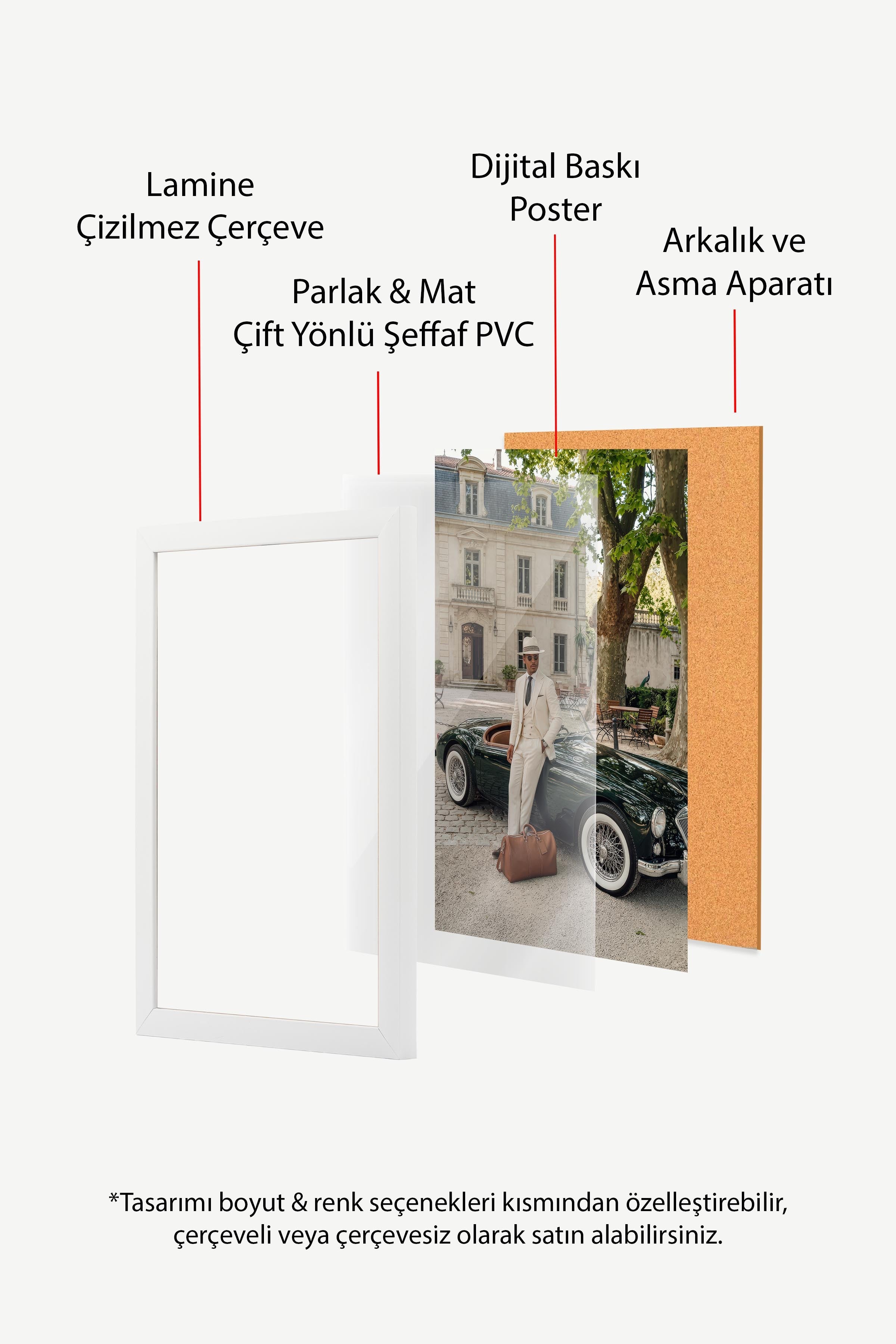 Klasik Araba ve Erkek Posteri, Beyaz Çerçeveli Poster, Old Money Serisi, NO:113128