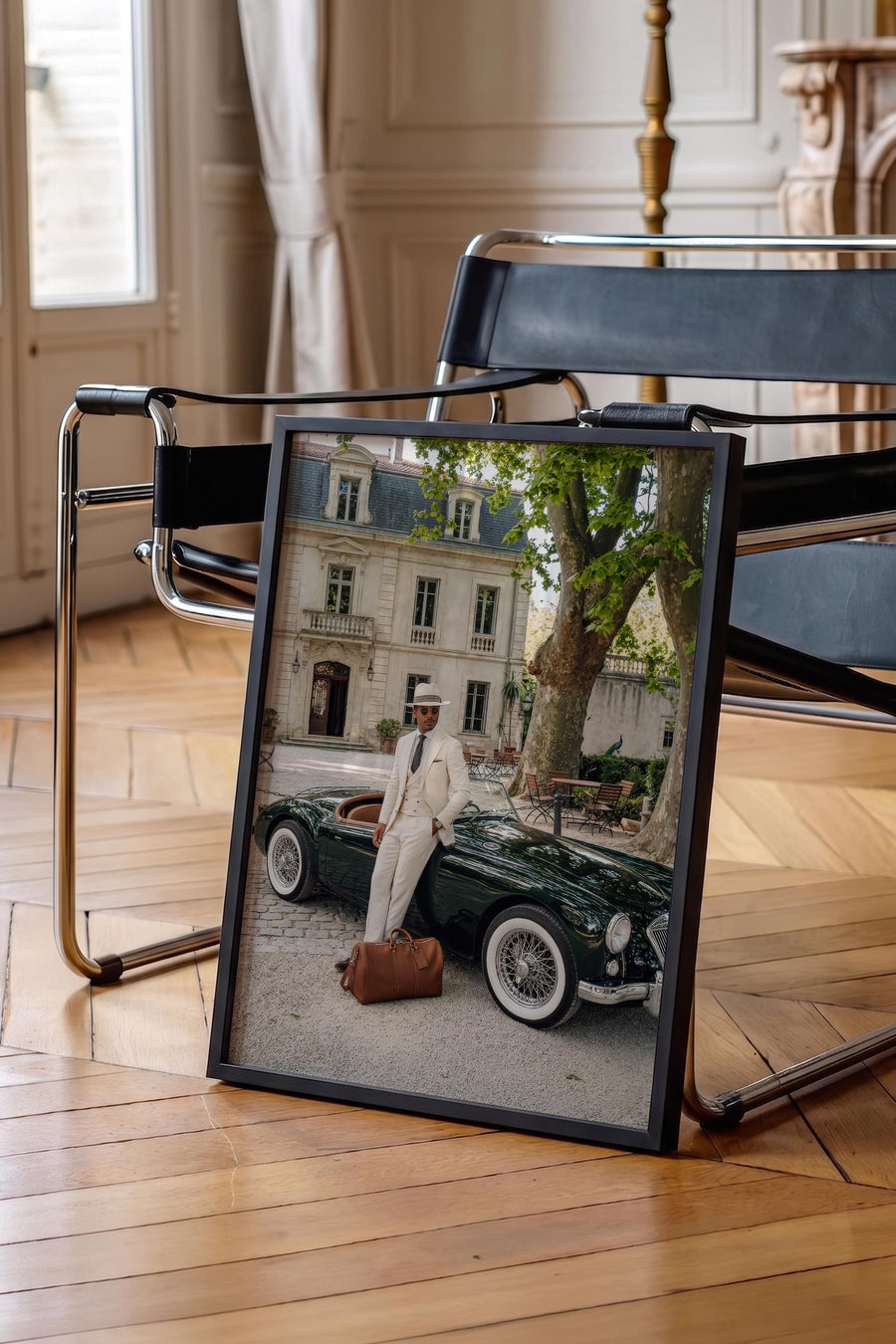 Retro Otomobil ve Şık Adam Old Money Tasarımlar Poster – Siyah Çerçeveli Tablo