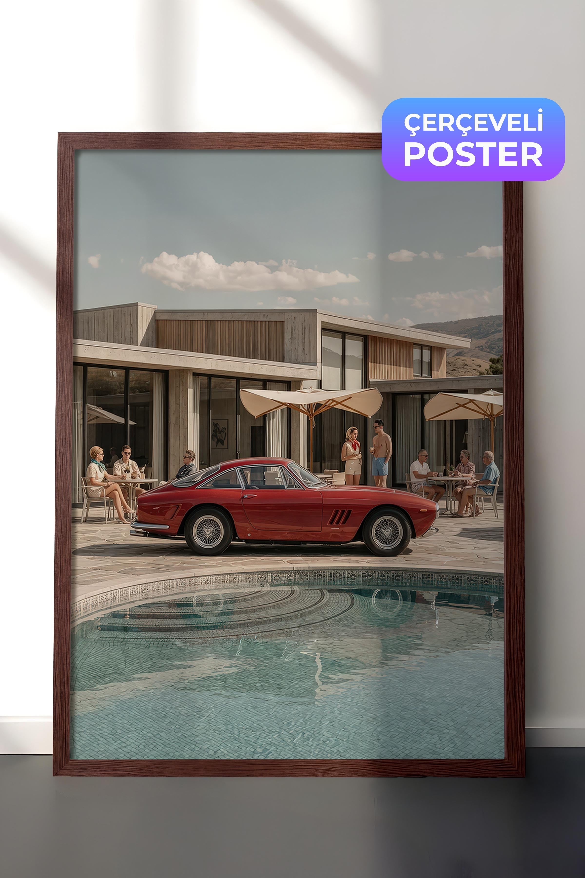 Klasik Araba ve Havuz Posteri, Kahverengi Çerçeveli Poster, Old Money Serisi, NO:113187