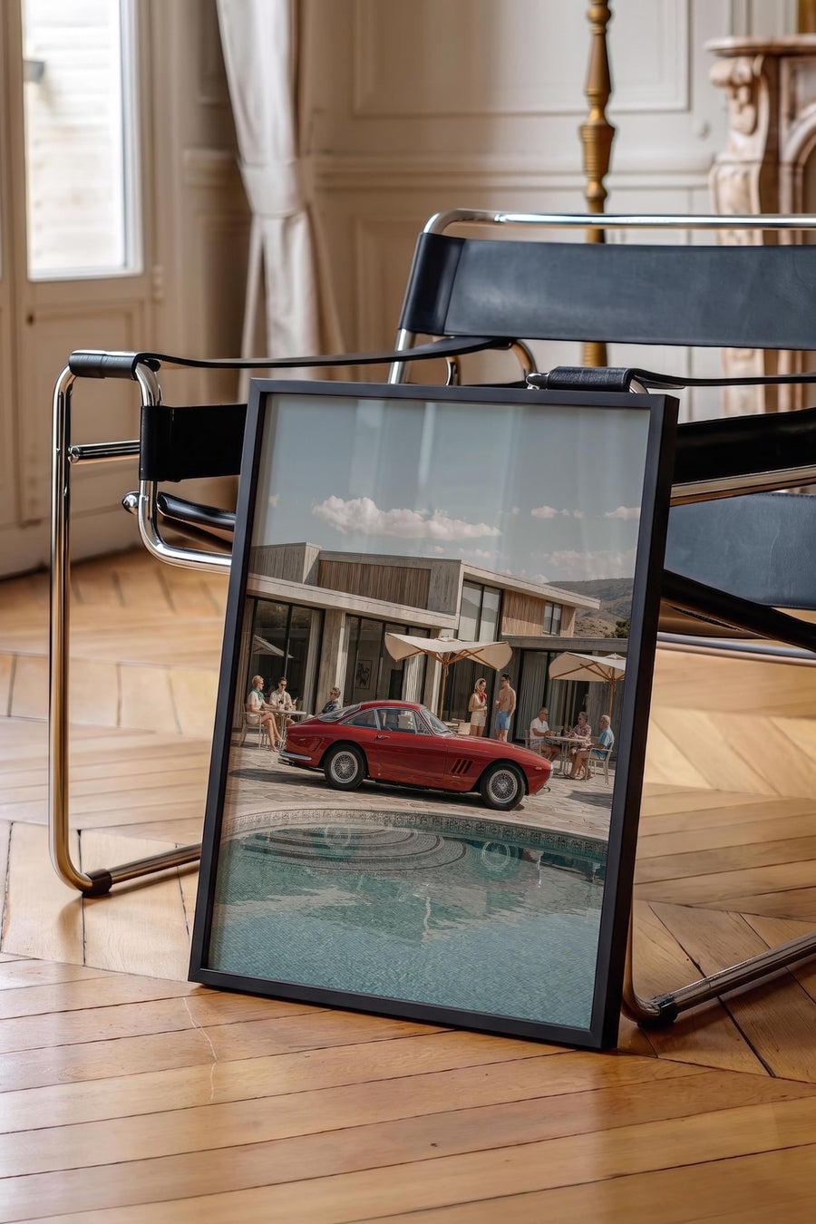 Klasik Araba ve Havuz Old Money Poster – Siyah Çerçeveli Tablo