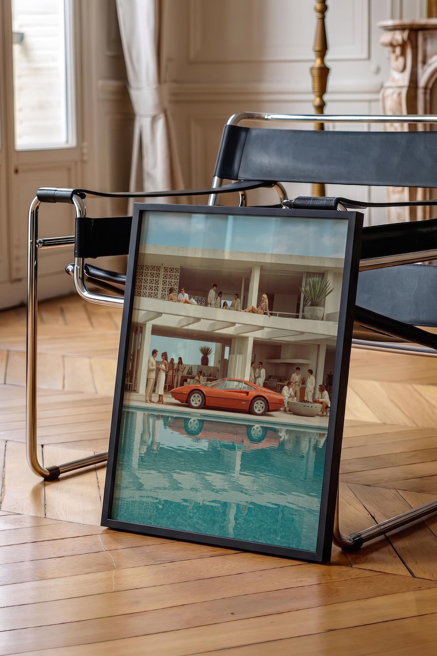 Modern Ev ve Kırmızı Araba Old Money Tasarımlar Poster – Siyah Çerçeveli Tablo