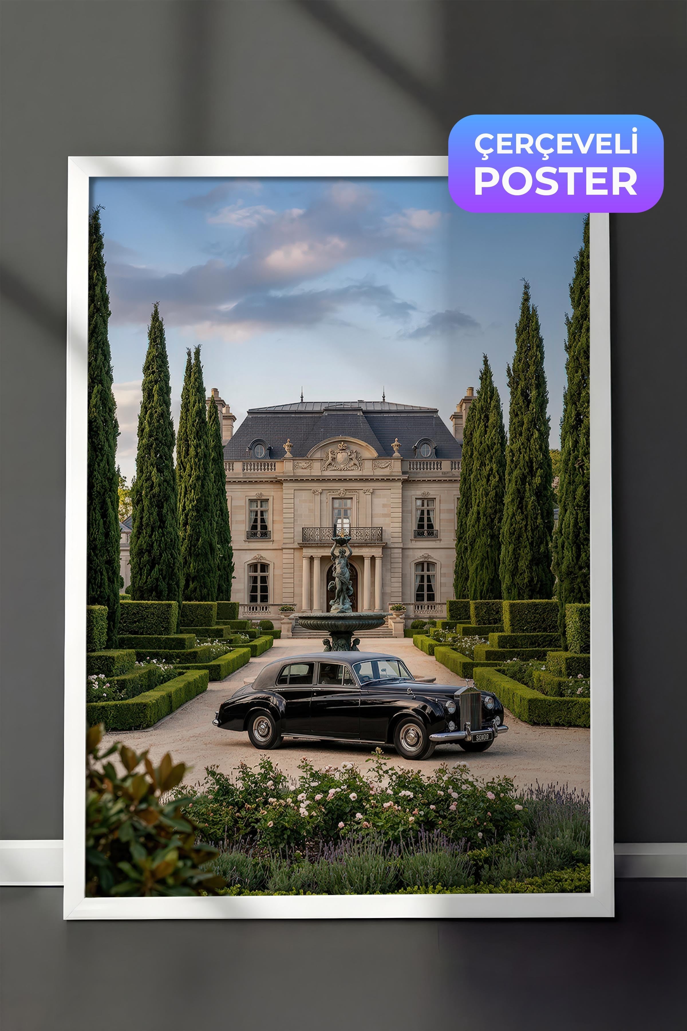 Klasik Araba ve Şato Posteri, Beyaz Çerçeveli Poster, Old Money Serisi, NO:113131