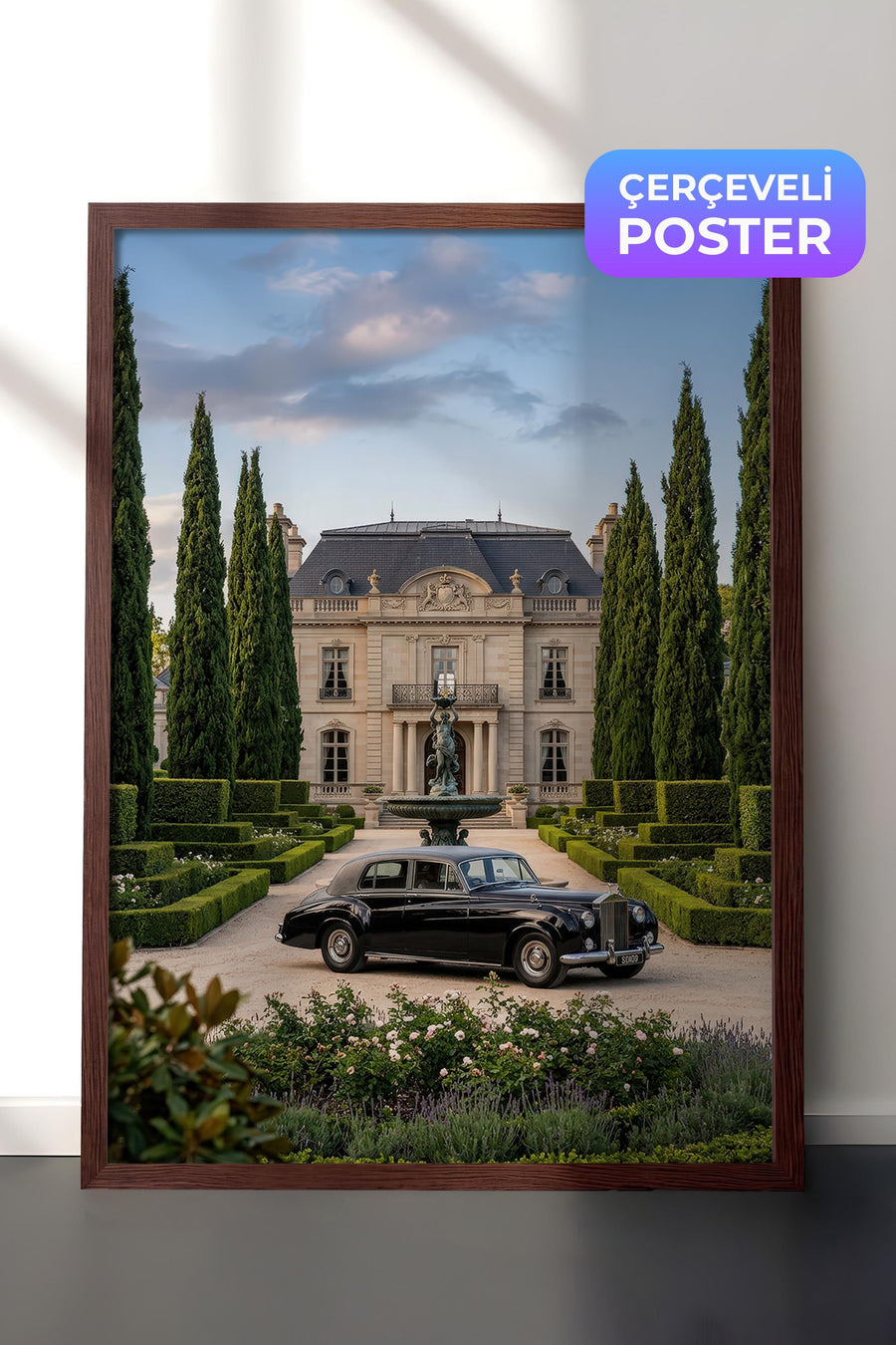 Klasik Araç ve Şato Old Money Tasarımlar Poster – Kahverengi Çerçeveli Tablo