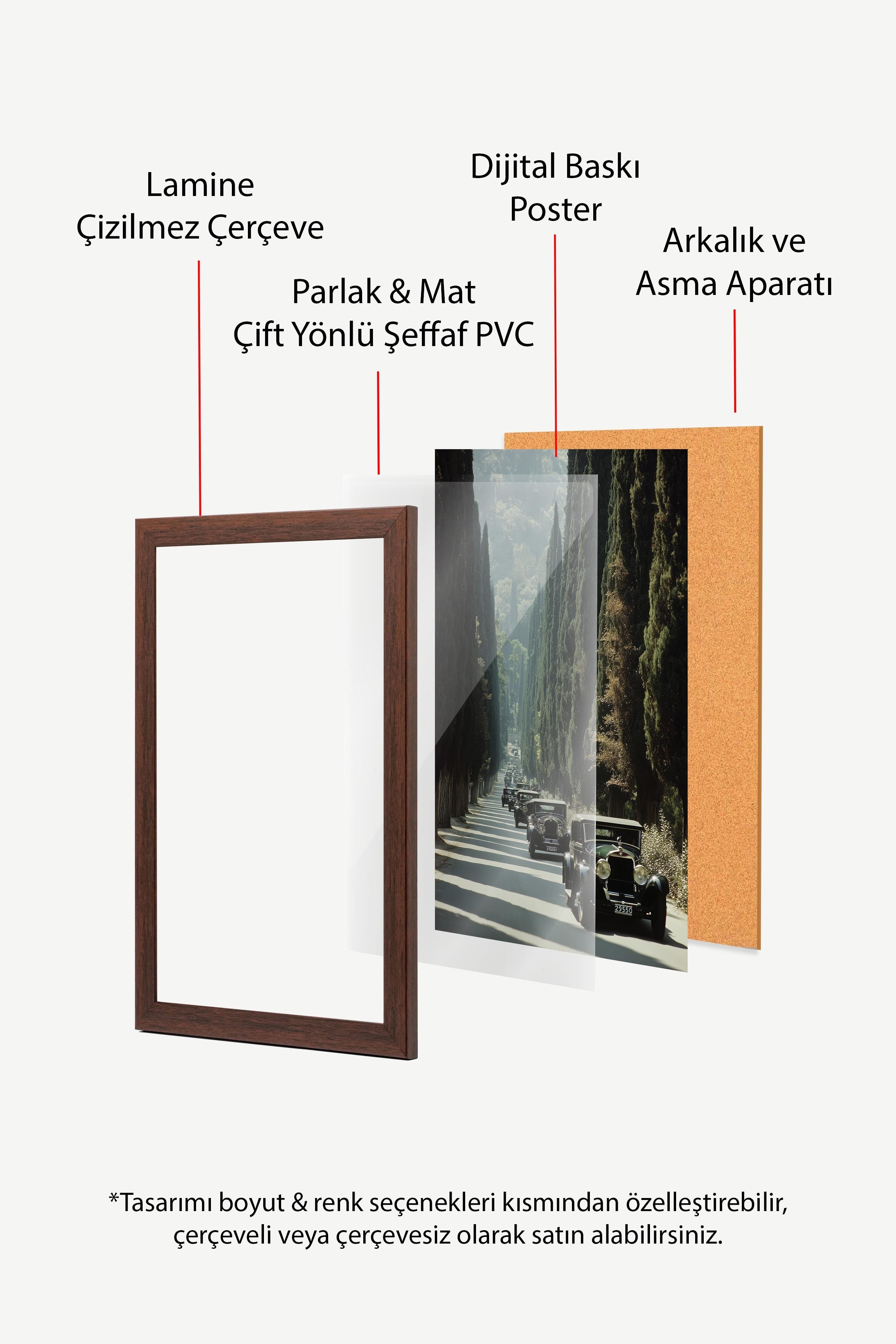 Klasik Arabalar ve Ağaçlar Posteri, Kahverengi Çerçeveli Poster, Old Money Serisi, NO:113224