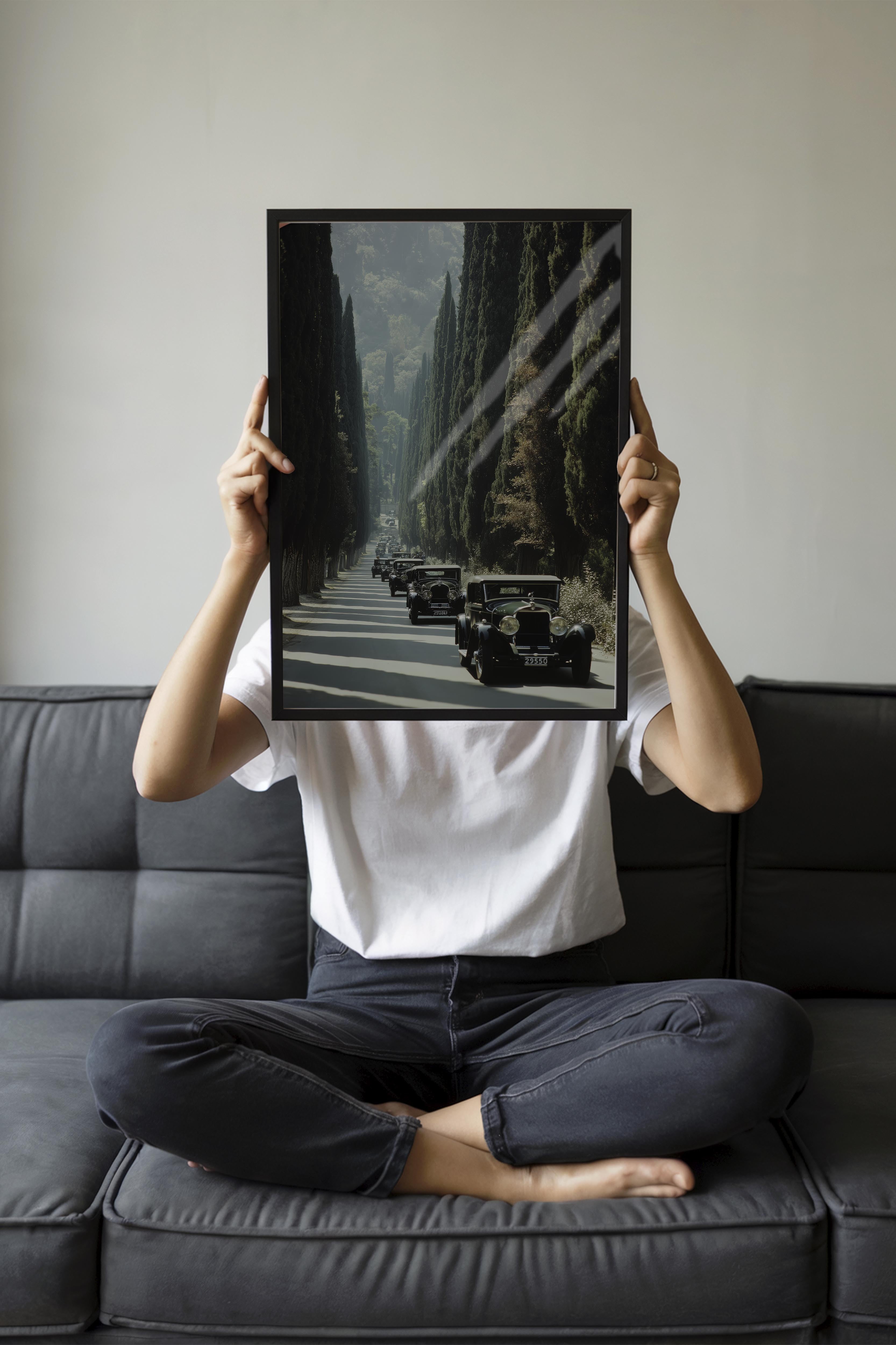 Klasik Arabalar ve Ağaçlar Posteri, Siyah Çerçeveli Poster, Old Money Serisi, NO:113224