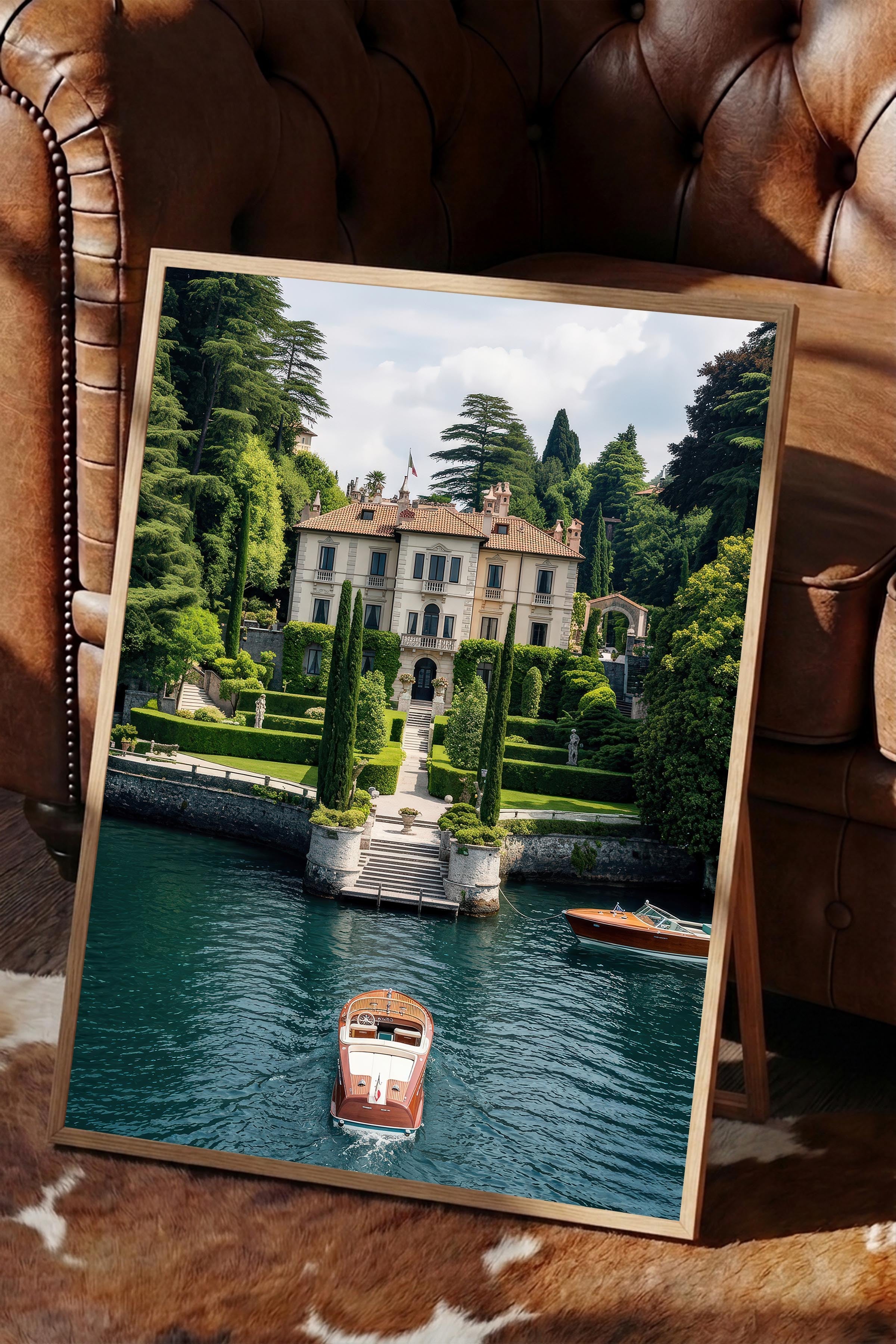 Klasik Villa ve Tekne Posteri, Ahşap Çerçeveli Poster, Old Money Serisi, NO:113139