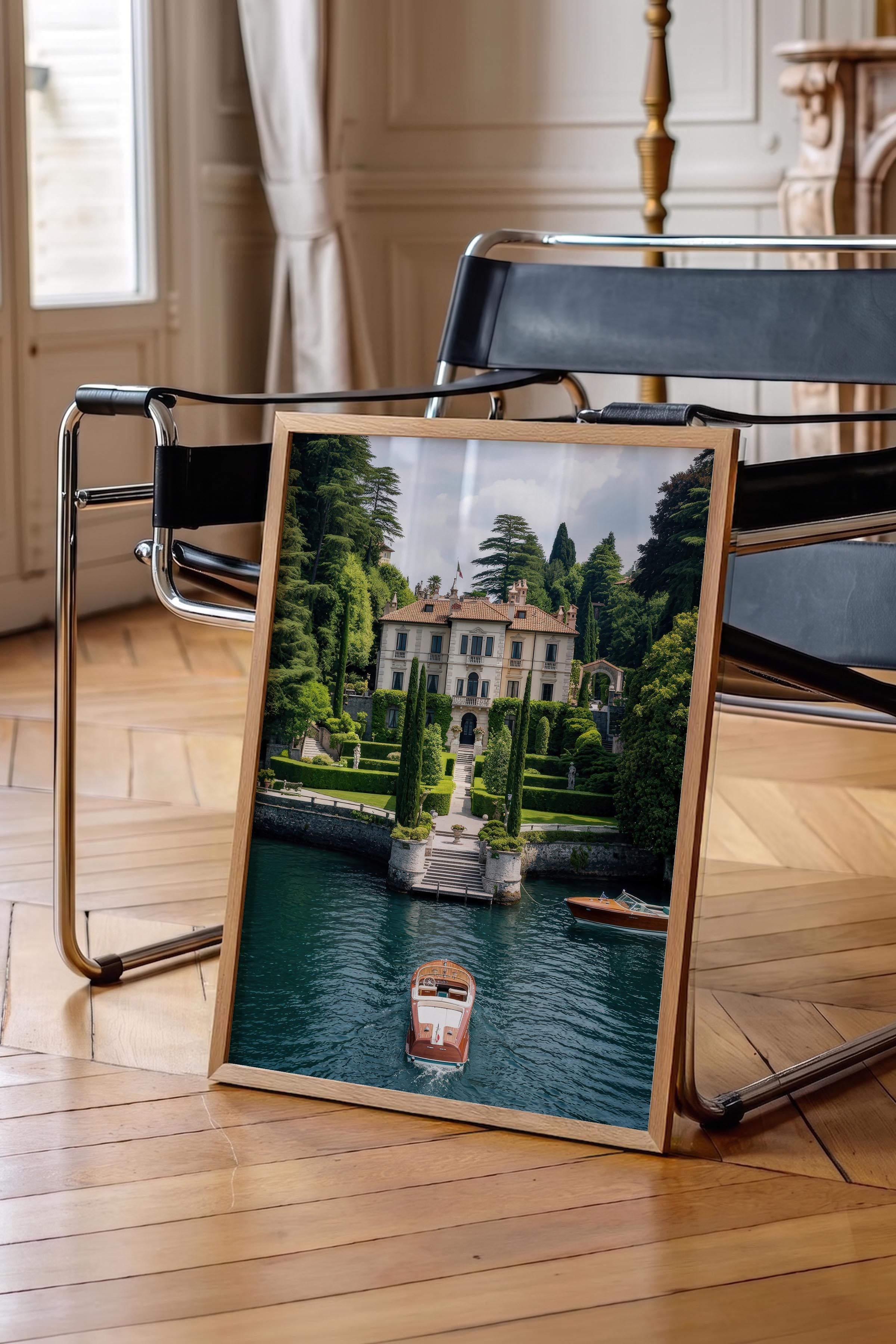 Klasik Villa ve Tekne Posteri, Ahşap Çerçeveli Poster, Old Money Serisi, NO:113139