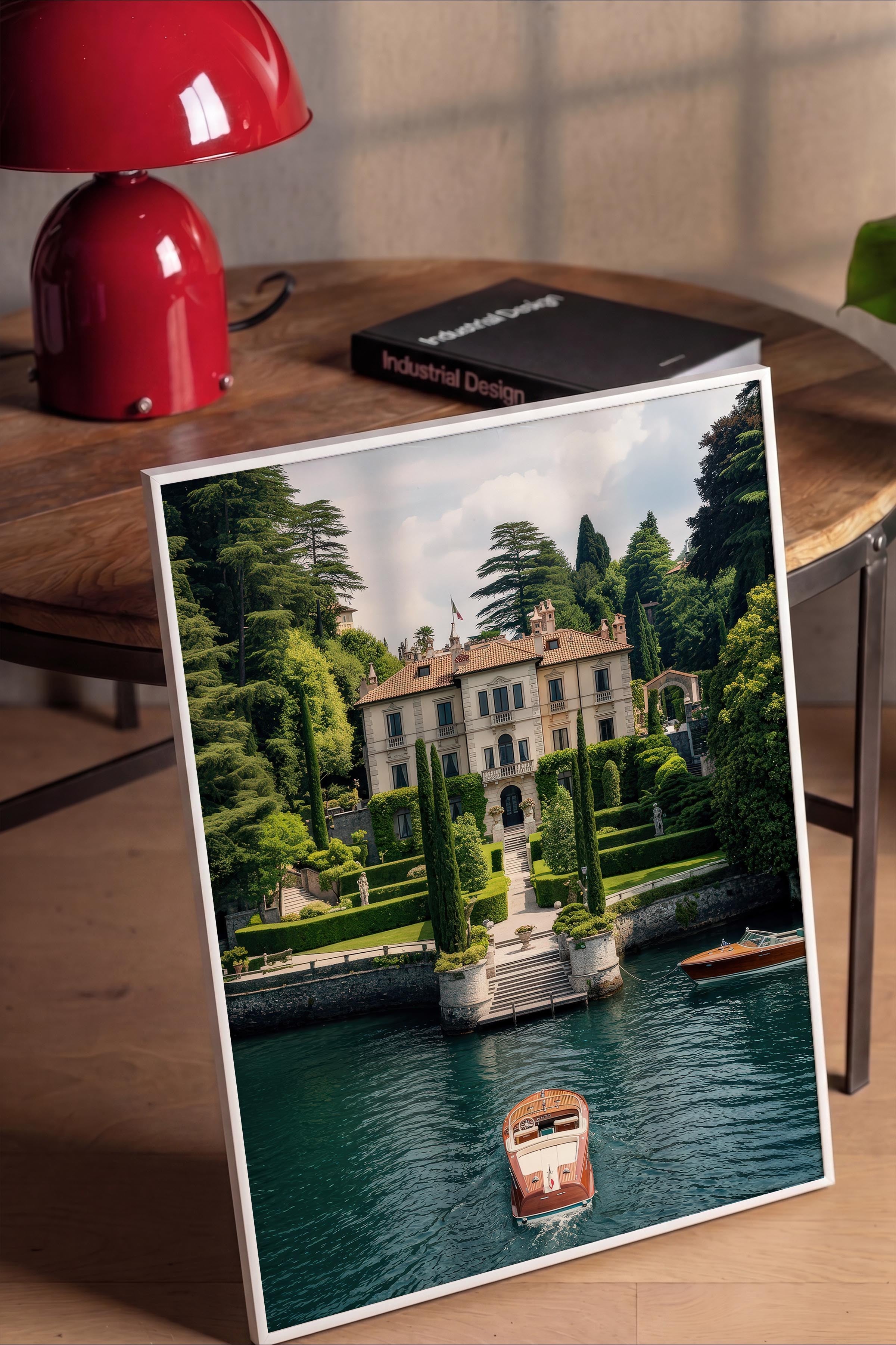 Klasik Villa ve Tekne Posteri, Beyaz Çerçeveli Poster, Old Money Serisi, NO:113139