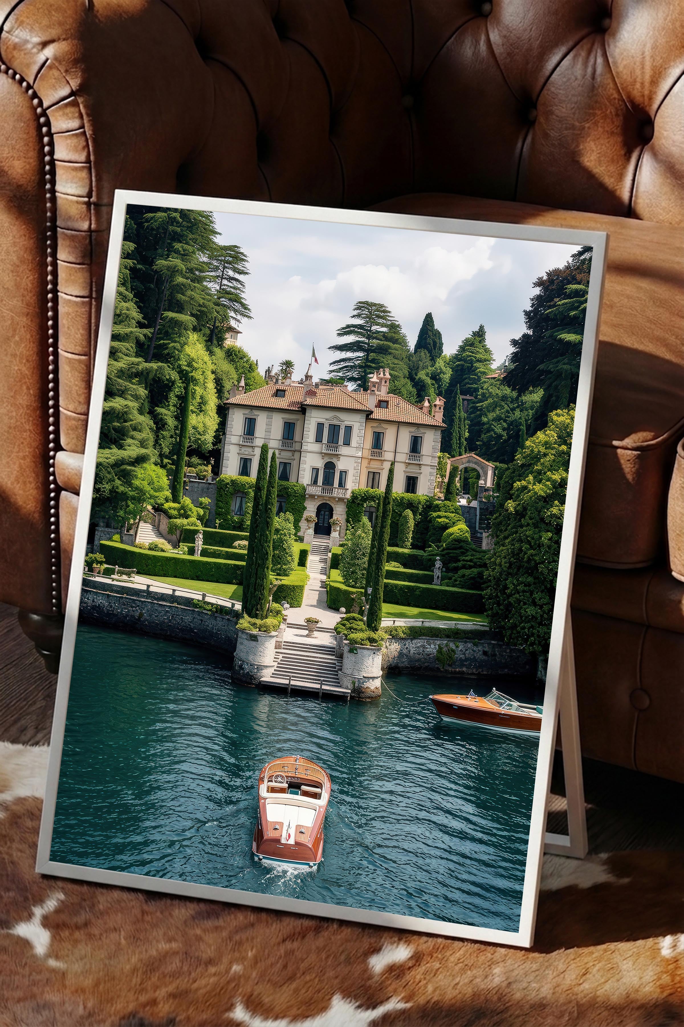 Klasik Villa ve Tekne Posteri, Beyaz Çerçeveli Poster, Old Money Serisi, NO:113139