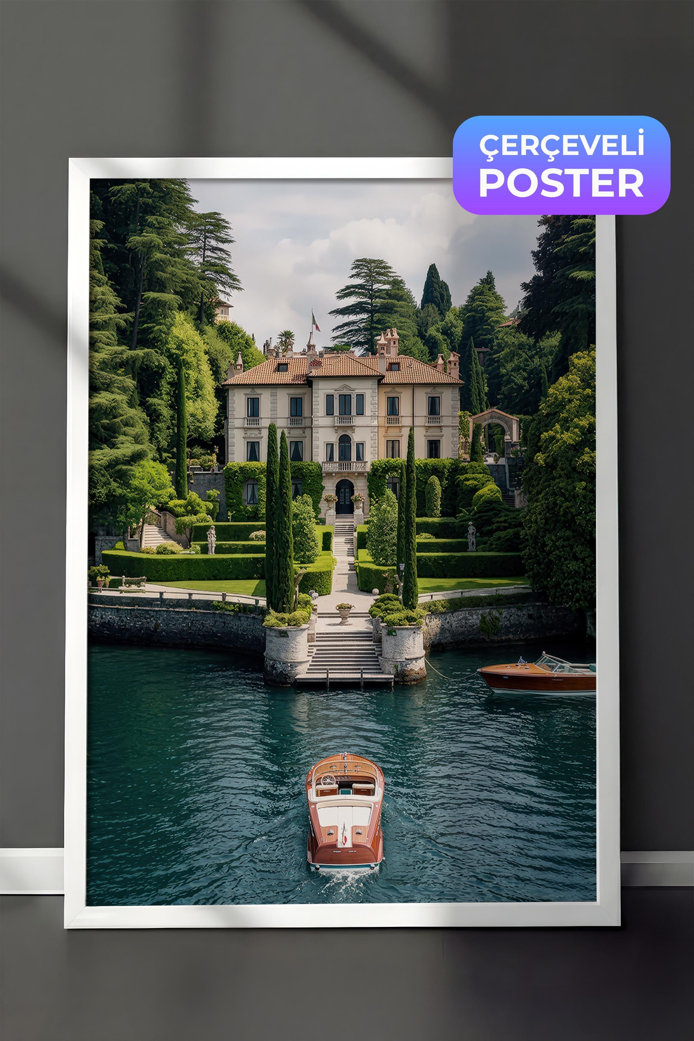 Klasik Villa ve Tekne Posteri, Beyaz Çerçeveli Poster, Old Money Serisi, NO:113139