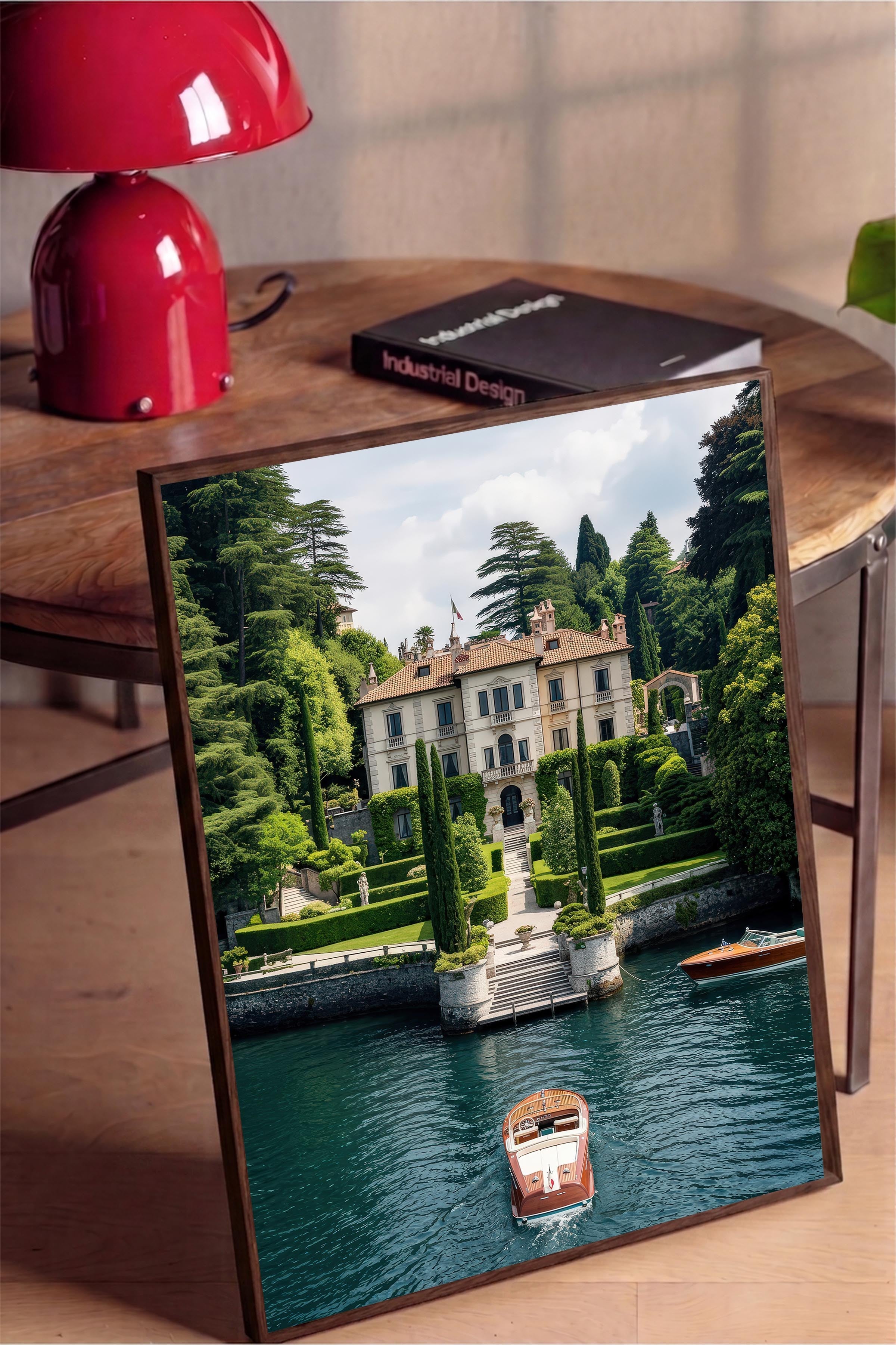 Klasik Villa ve Tekne Posteri, Kahverengi Çerçeveli Poster, Old Money Serisi, NO:113139