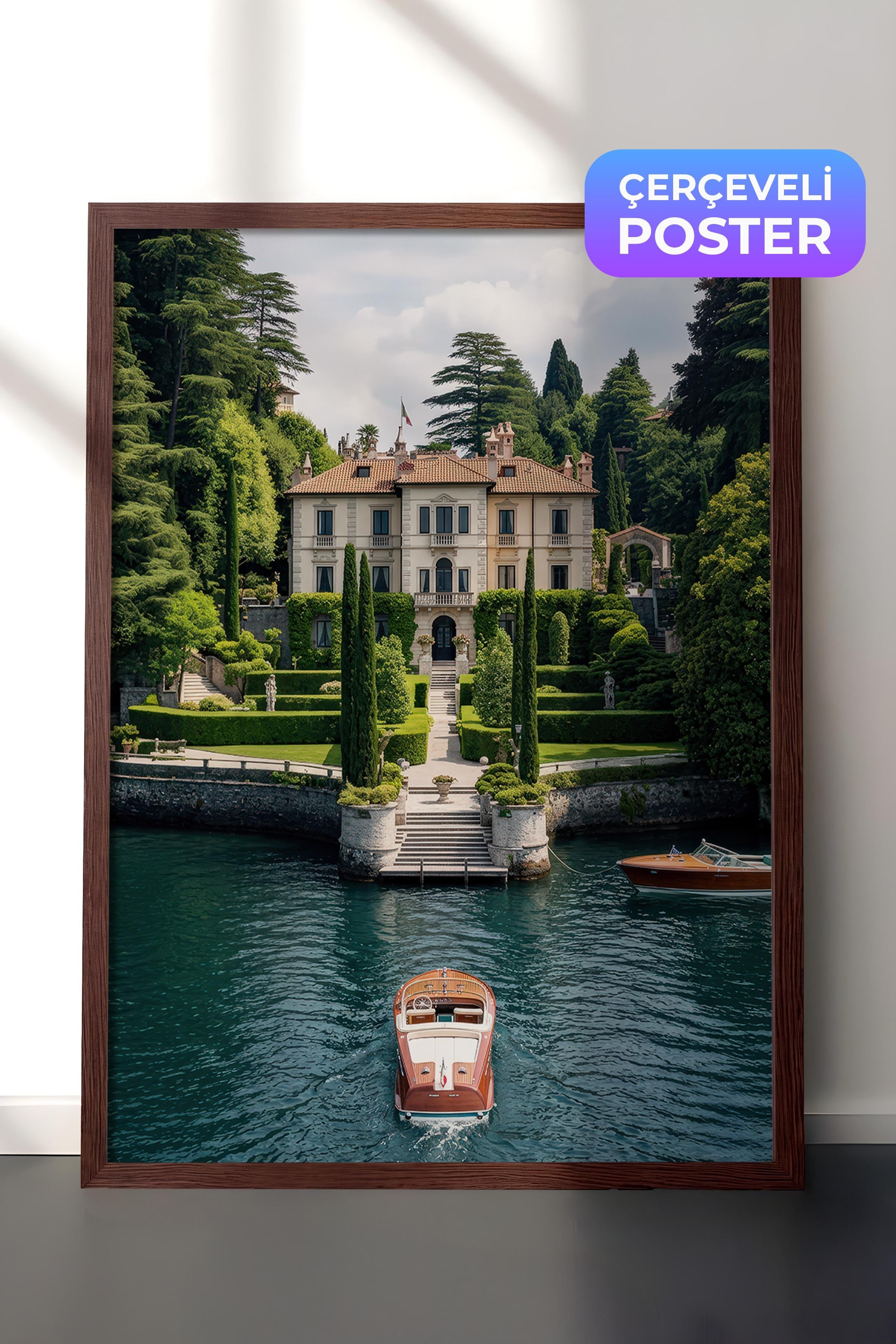 Klasik Villa ve Tekne Posteri, Kahverengi Çerçeveli Poster, Old Money Serisi, NO:113139