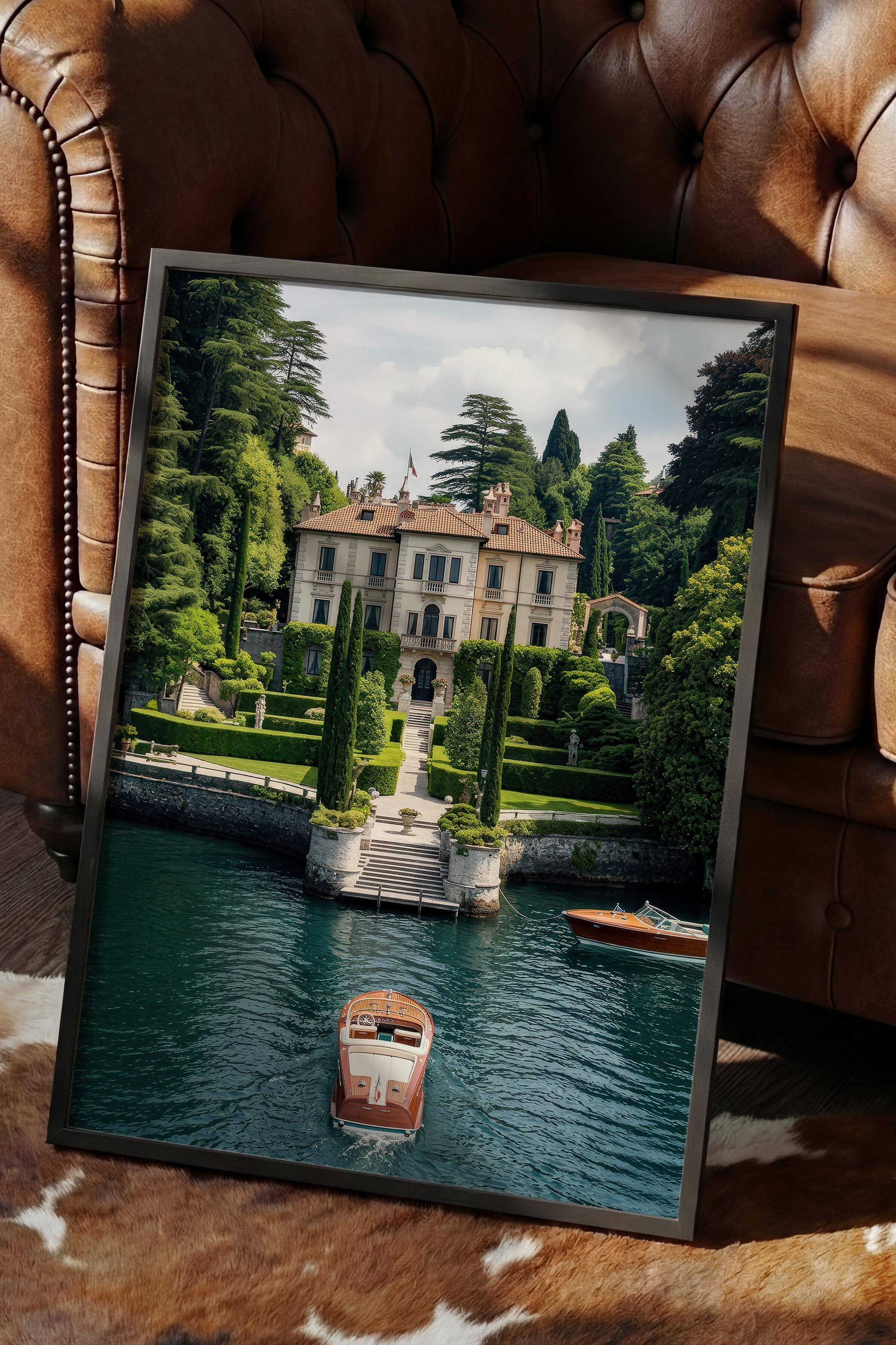 Klasik Villa ve Tekne Posteri, Siyah Çerçeveli Poster, Old Money Serisi, NO:113139