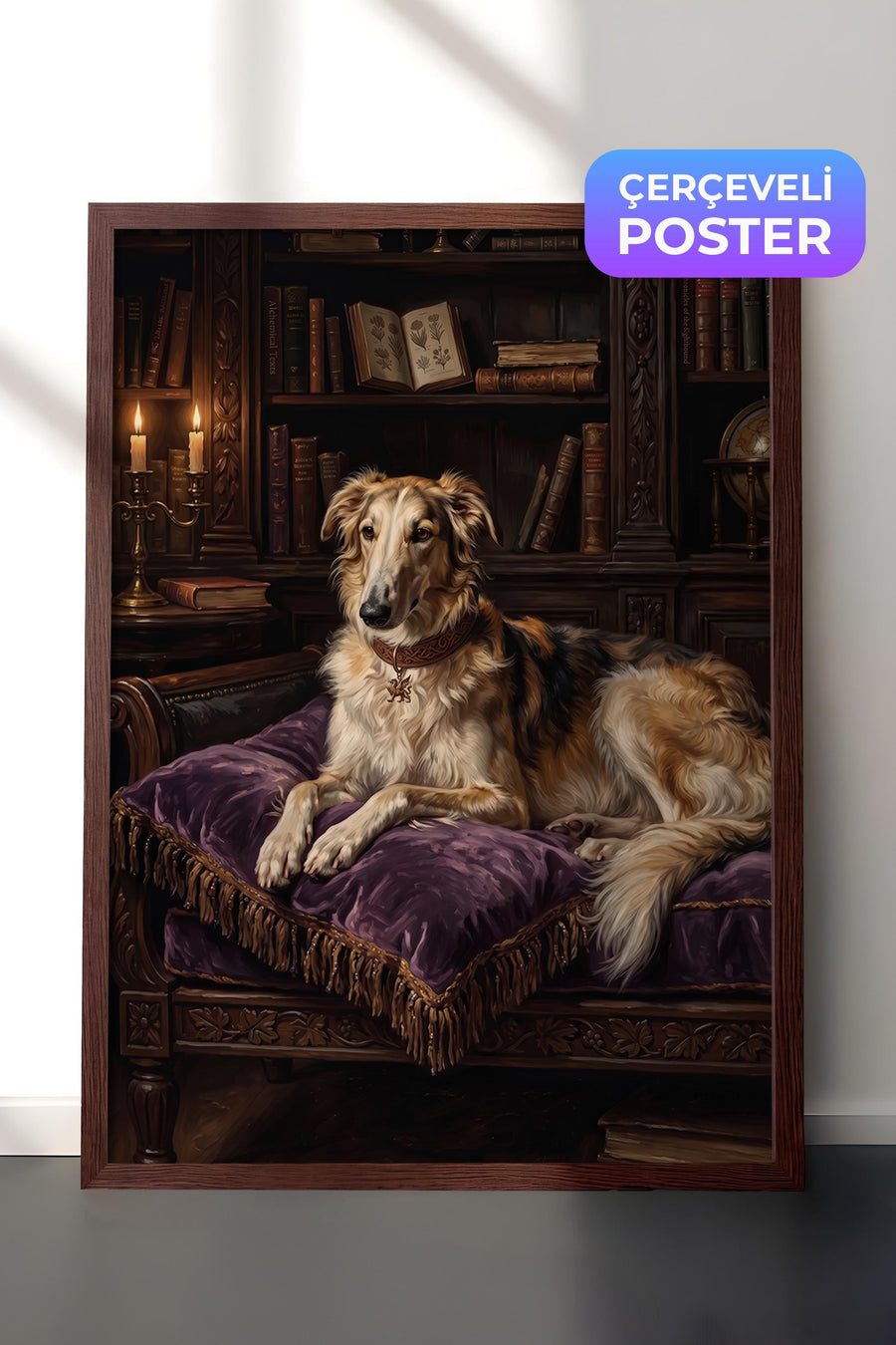 Köpek ve Kitaplık Old Money Tasarımlar Poster – Kahverengi Çerçeveli Tablo