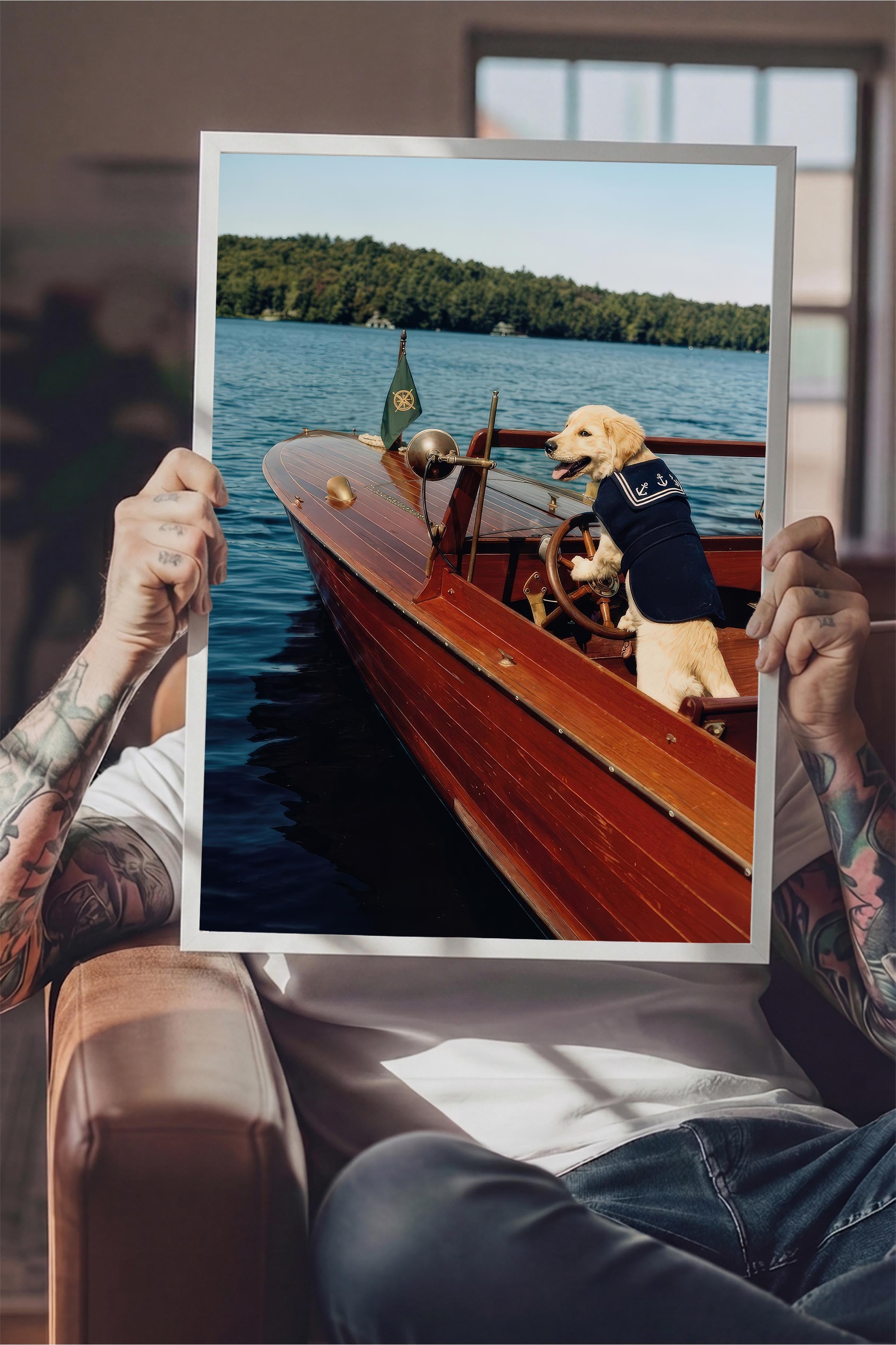 Köpek ve Tekne Posteri, Beyaz Çerçeveli Poster, Old Money Serisi, NO:113147