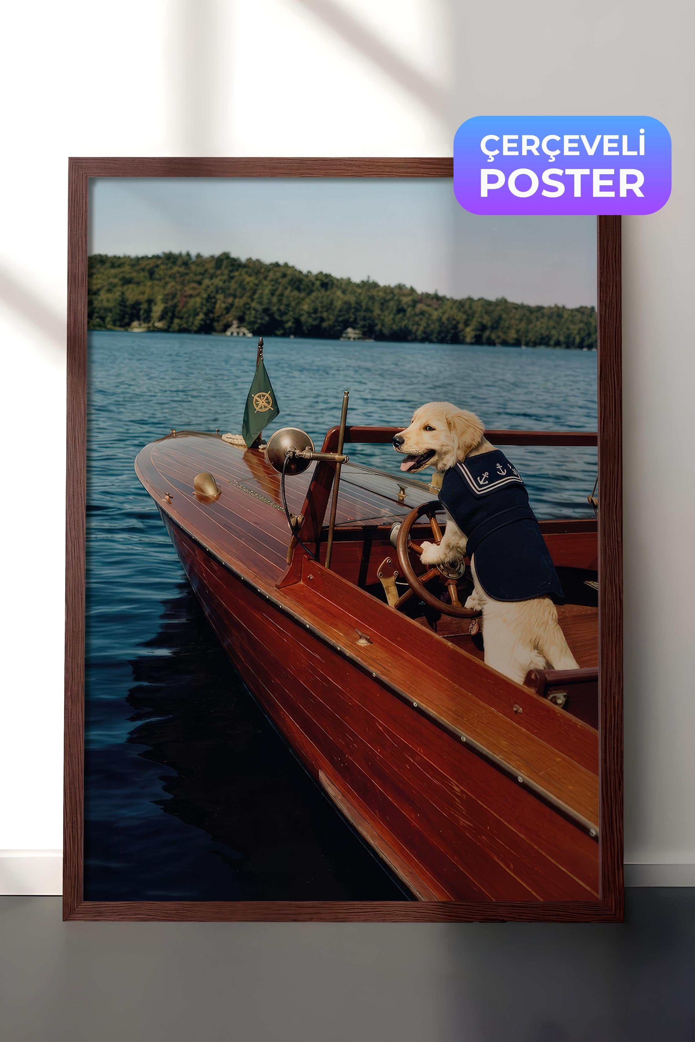 Köpek ve Tekne Posteri, Kahverengi Çerçeveli Poster, Old Money Serisi, NO:113147