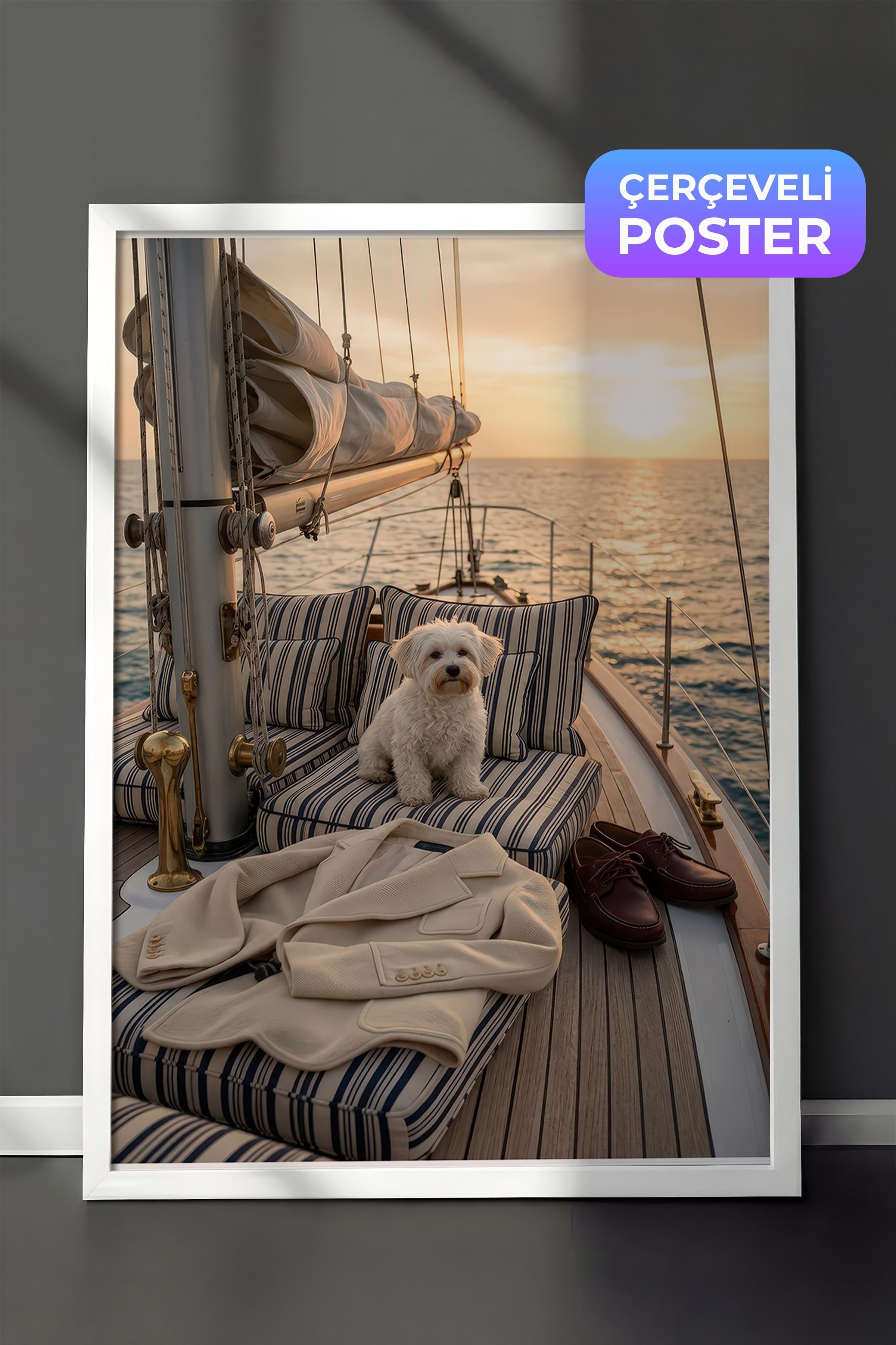 Köpek ve Yelkenli Posteri, Beyaz Çerçeveli Poster, Old Money Serisi, NO:113197
