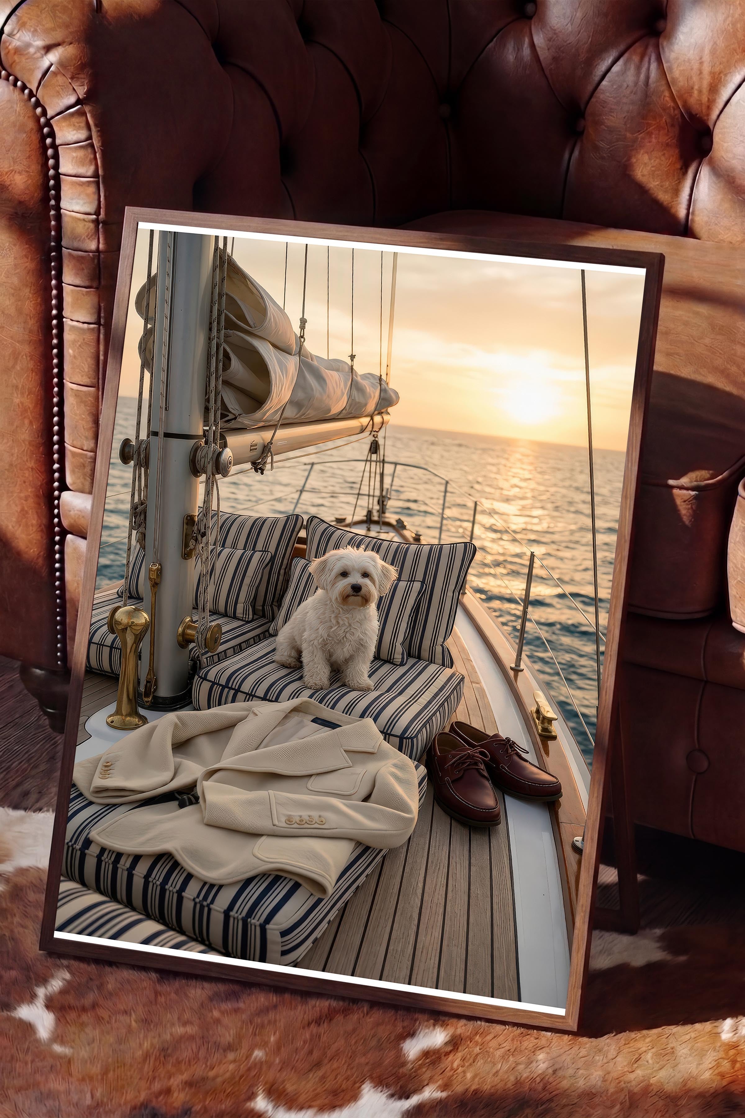 Köpek ve Yelkenli Posteri, Kahverengi Çerçeveli Poster, Old Money Serisi, NO:113197